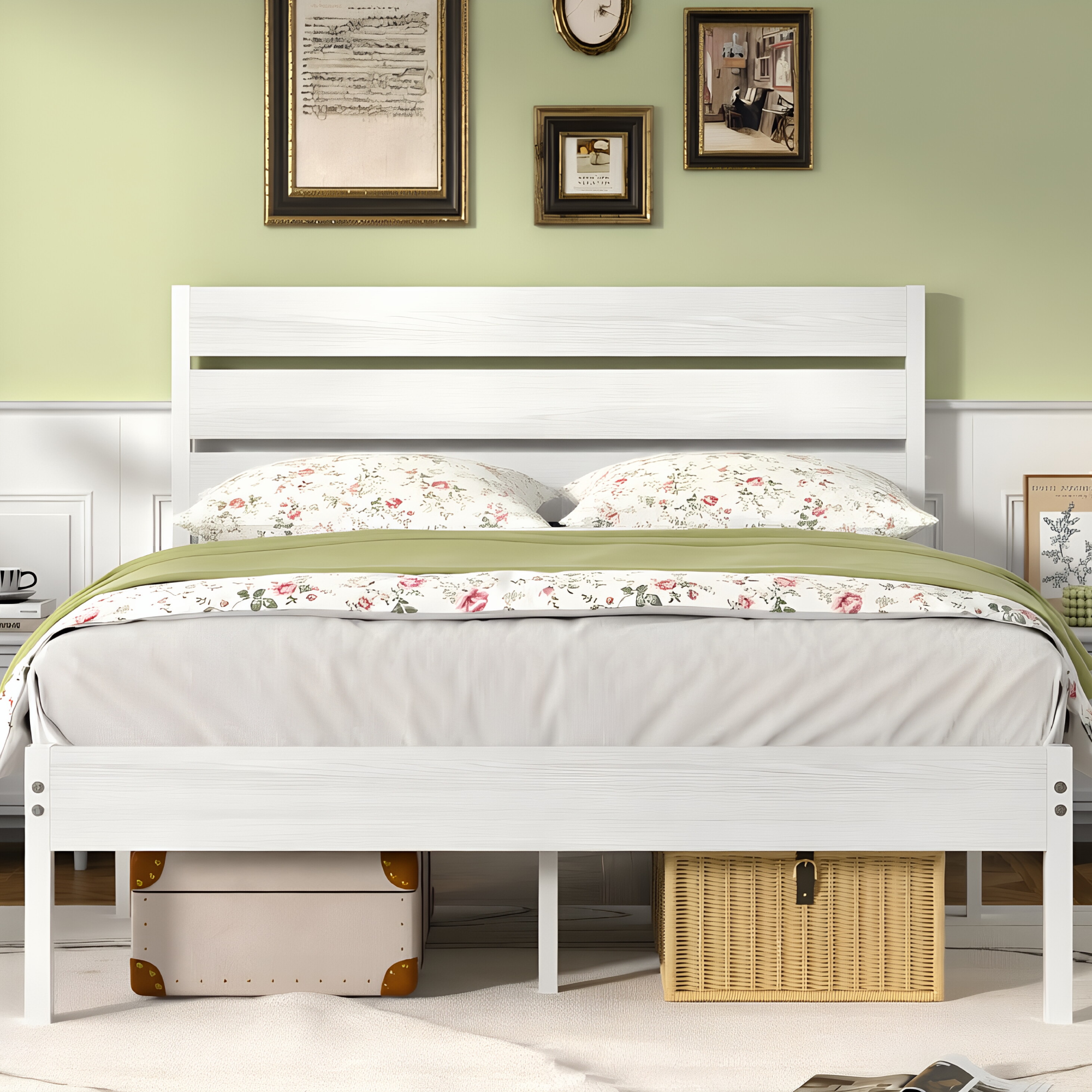 VECELO Platform Bed Frame with Rustic Vintage Wood Headboard/Strong Metal Slats Support