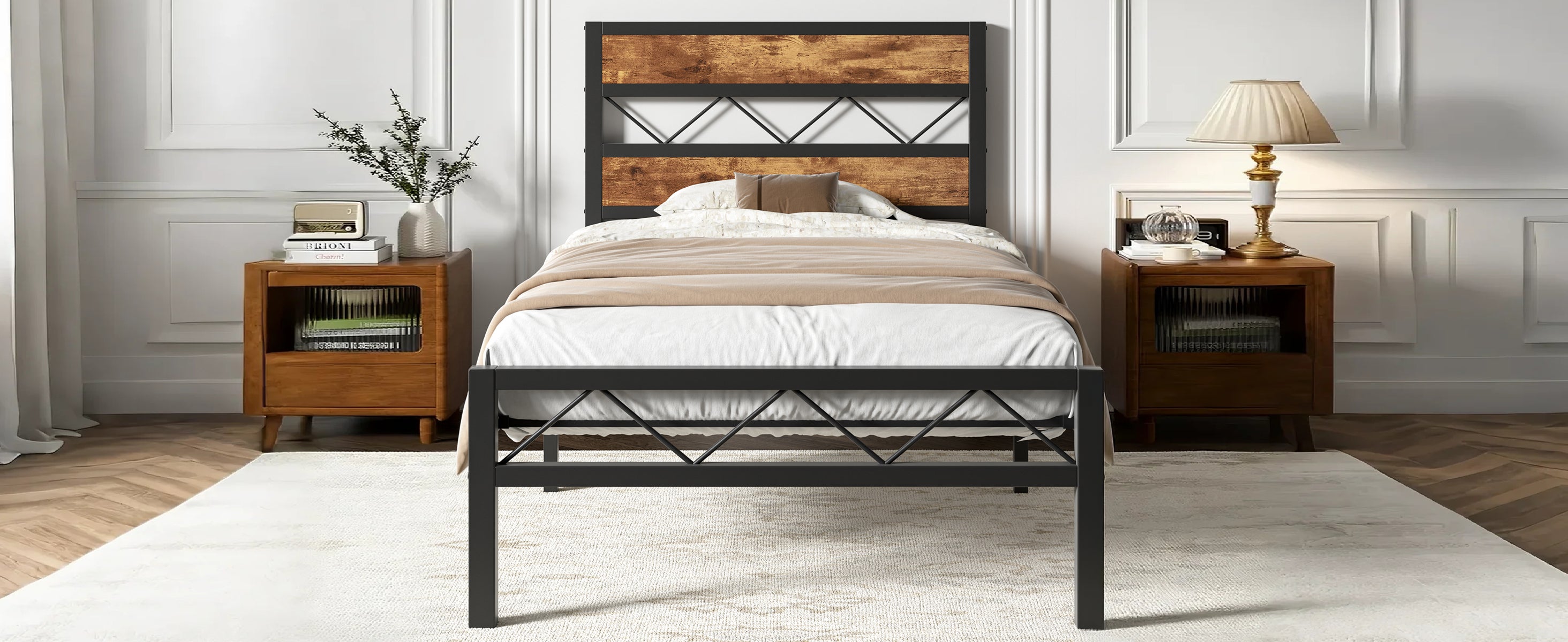 VECELO Metal Platform Bed Frame with Rustic Vintage Wooden Headboard