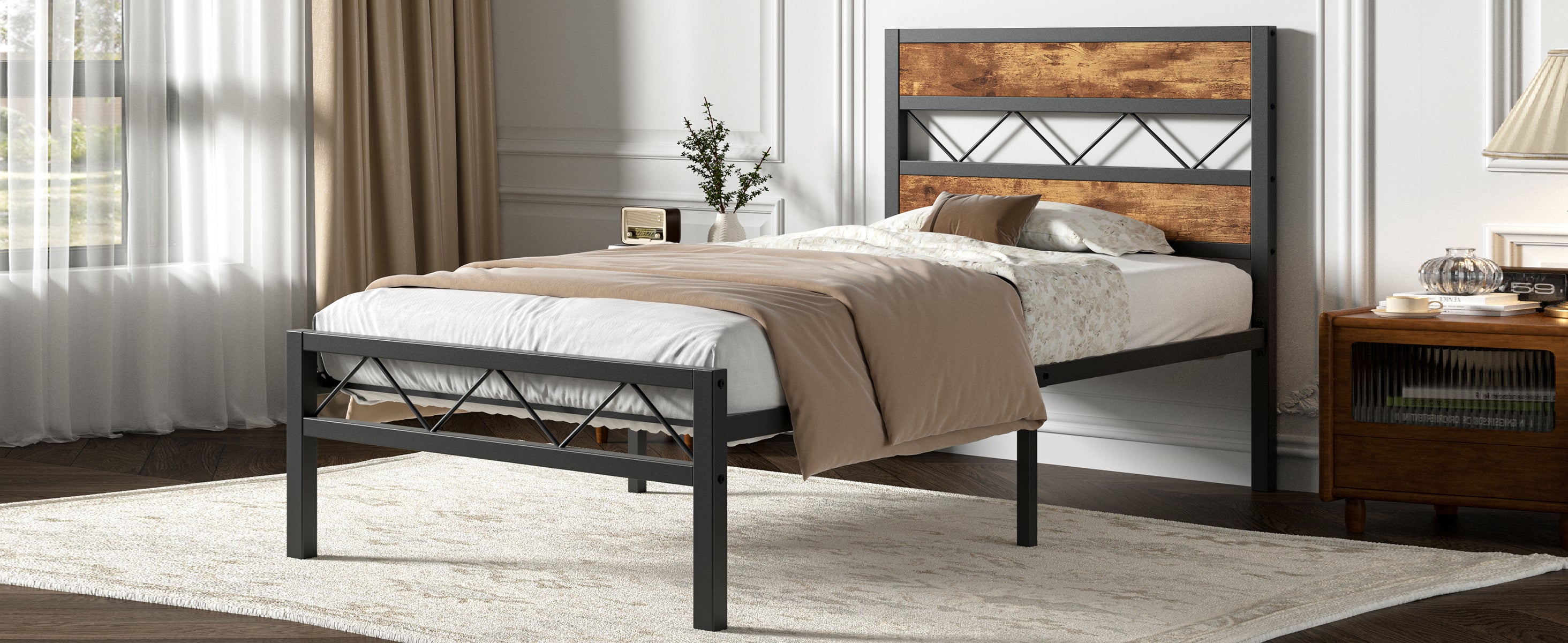 VECELO Metal Platform Bed Frame with Rustic Vintage Wooden Headboard