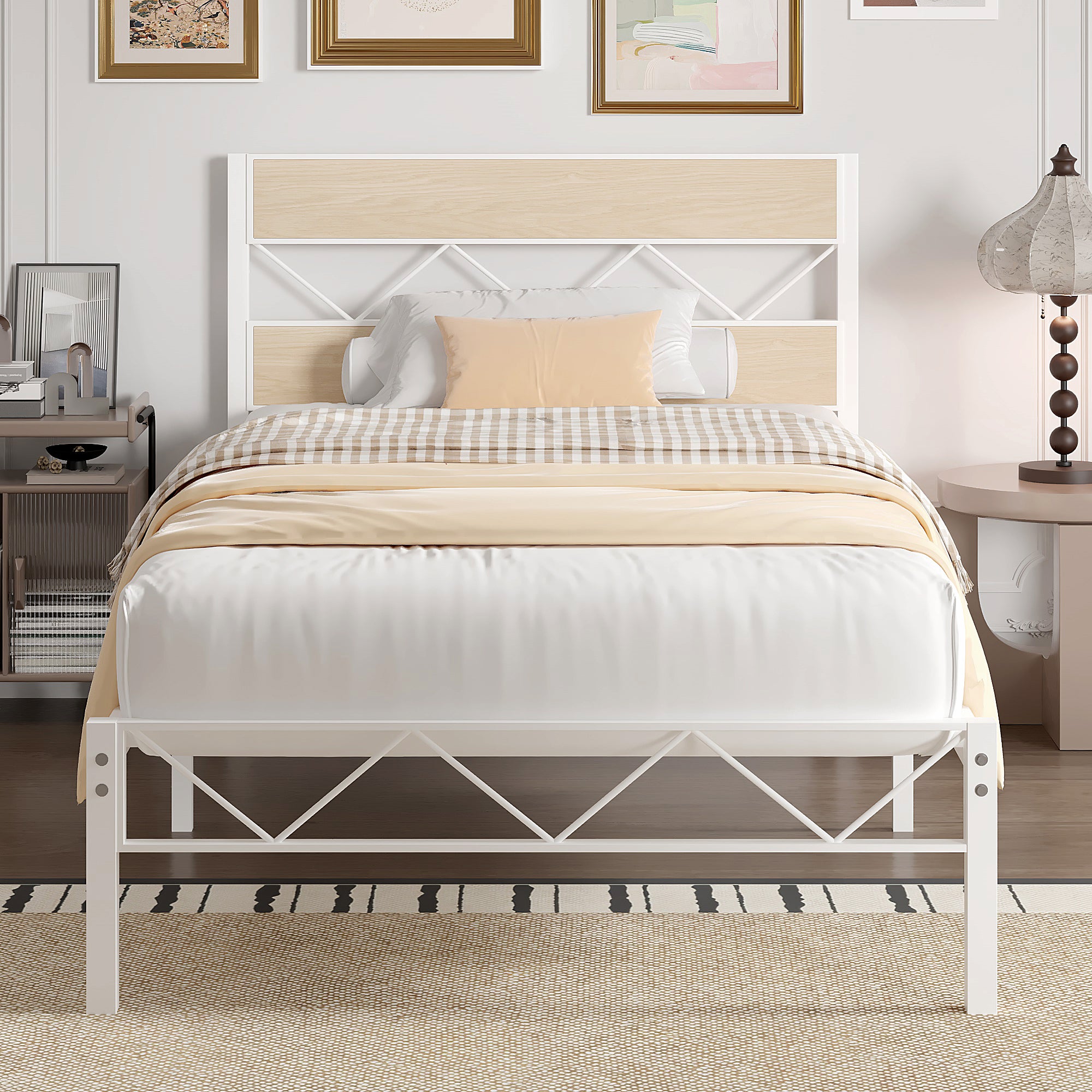 VECELO Metal Platform Bed Frame with Rustic Vintage Wooden Headboard