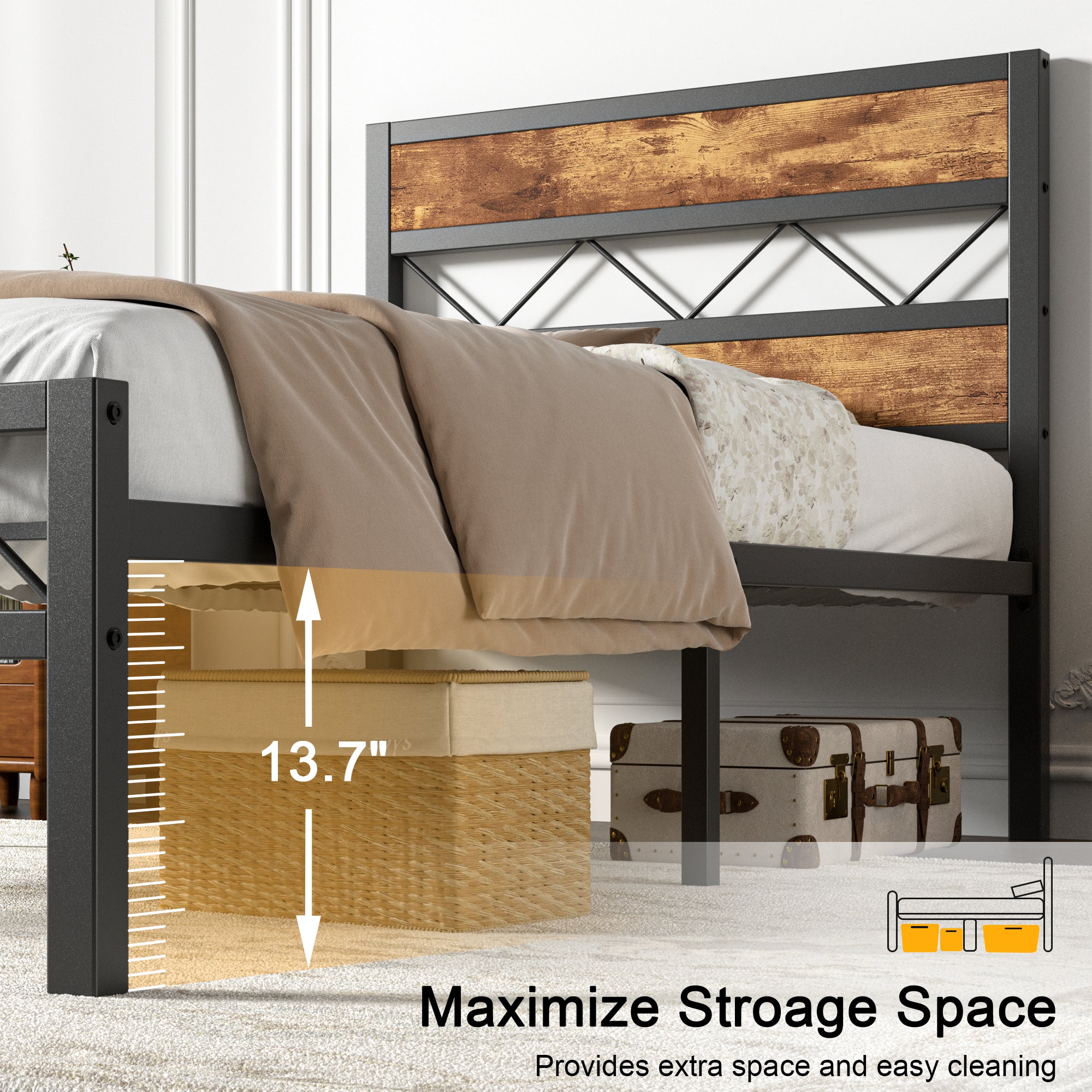 VECELO Metal Platform Bed Frame with Rustic Vintage Wooden Headboard