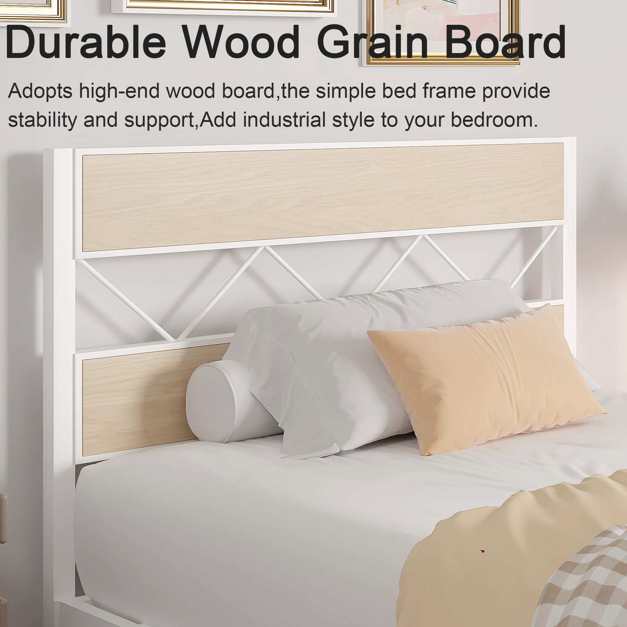 VECELO Metal Platform Bed Frame with Rustic Vintage Wooden Headboard