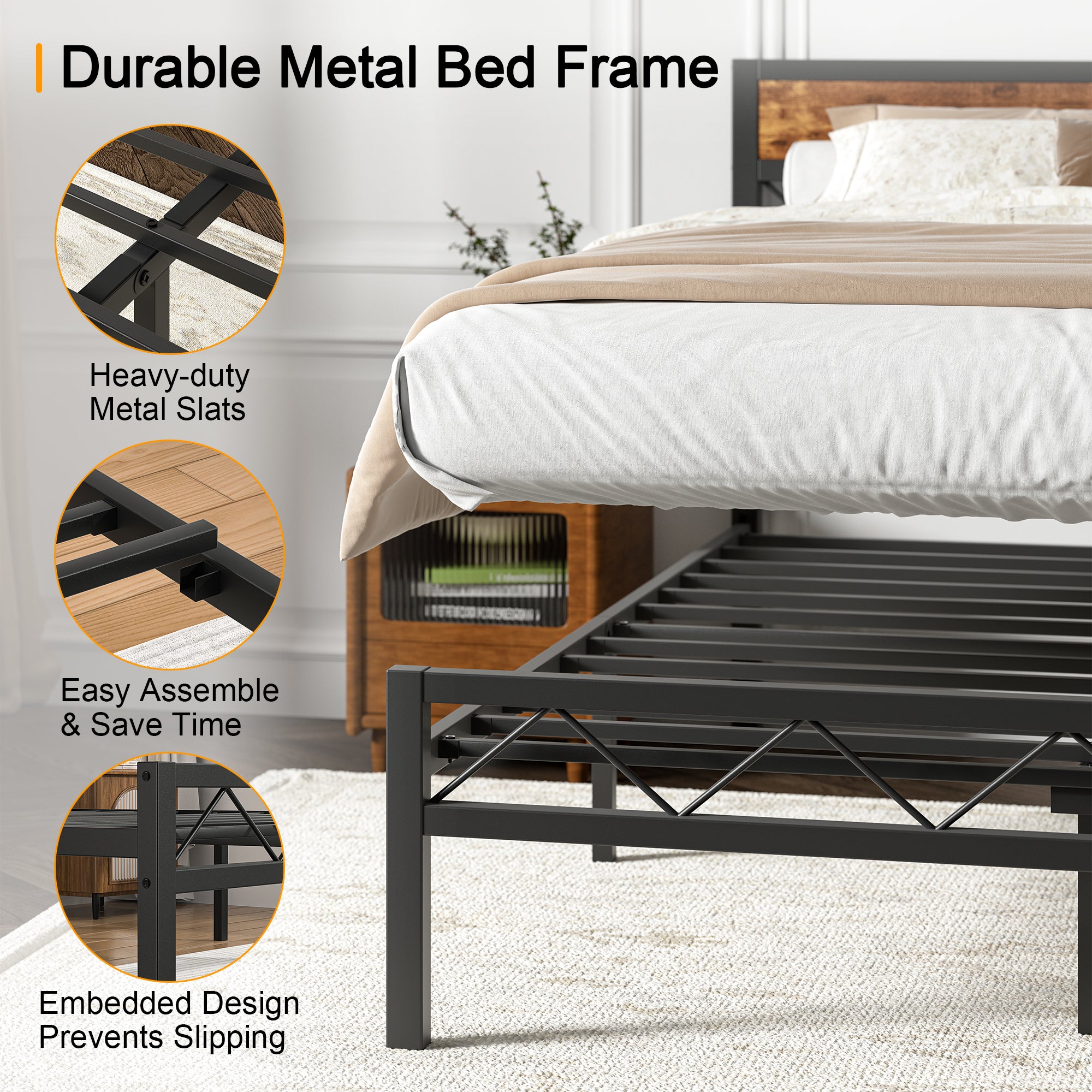 VECELO Metal Platform Bed Frame with Rustic Vintage Wooden Headboard