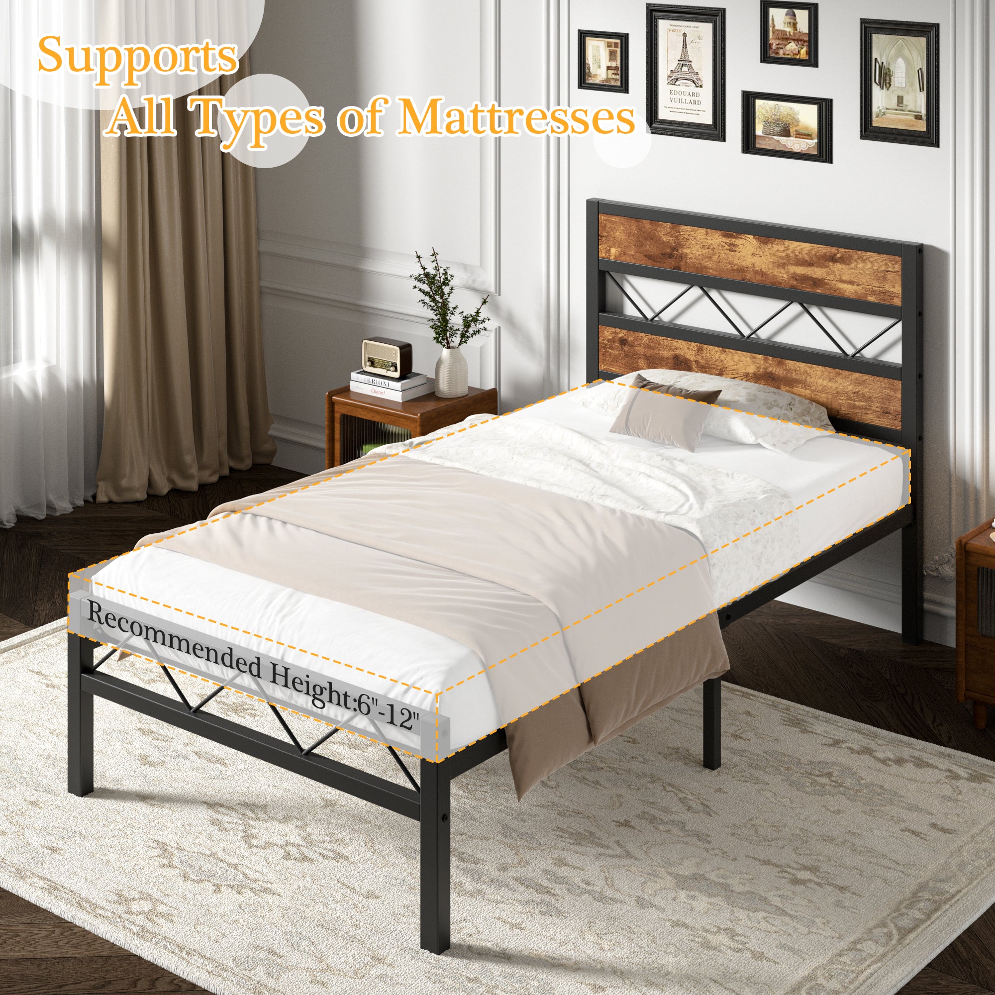 VECELO Metal Platform Bed Frame with Rustic Vintage Wooden Headboard