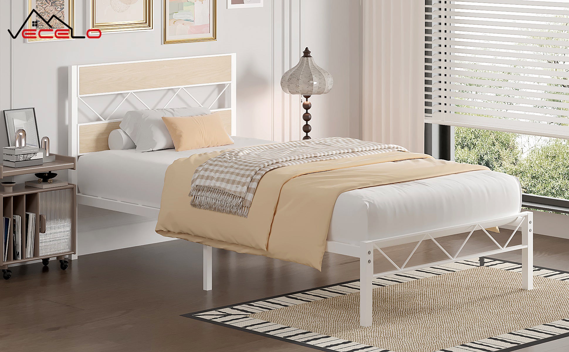 VECELO Metal Platform Bed Frame with Rustic Vintage Wooden Headboard