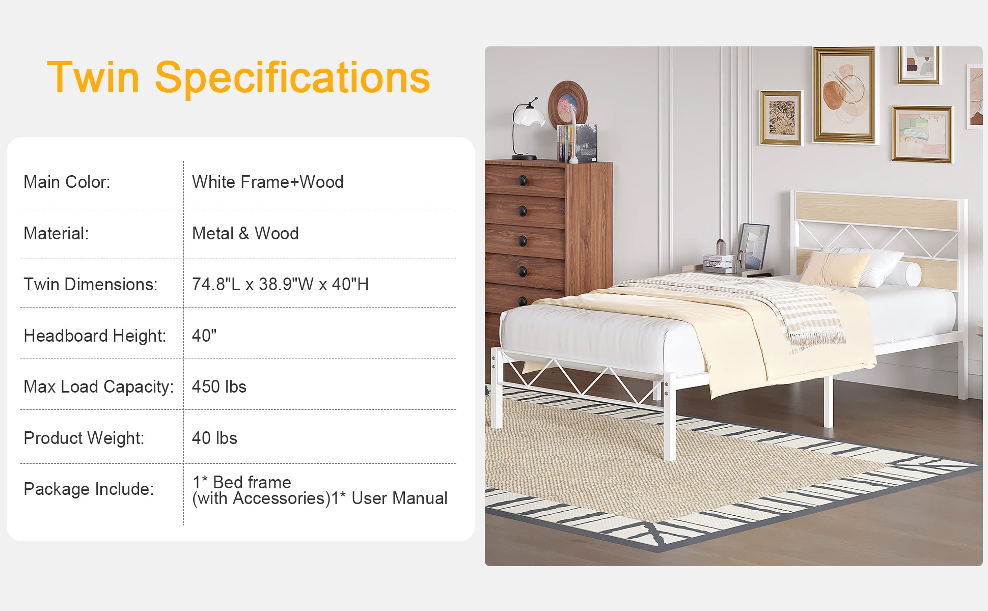 VECELO Metal Platform Bed Frame with Rustic Vintage Wooden Headboard
