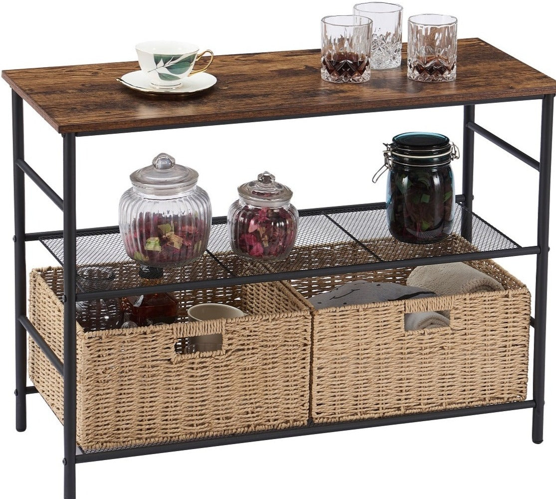 VECELO Industrial Console Sofa Table with Wicker Basket Storage Industrial Rustic Hallway/Entryway Table