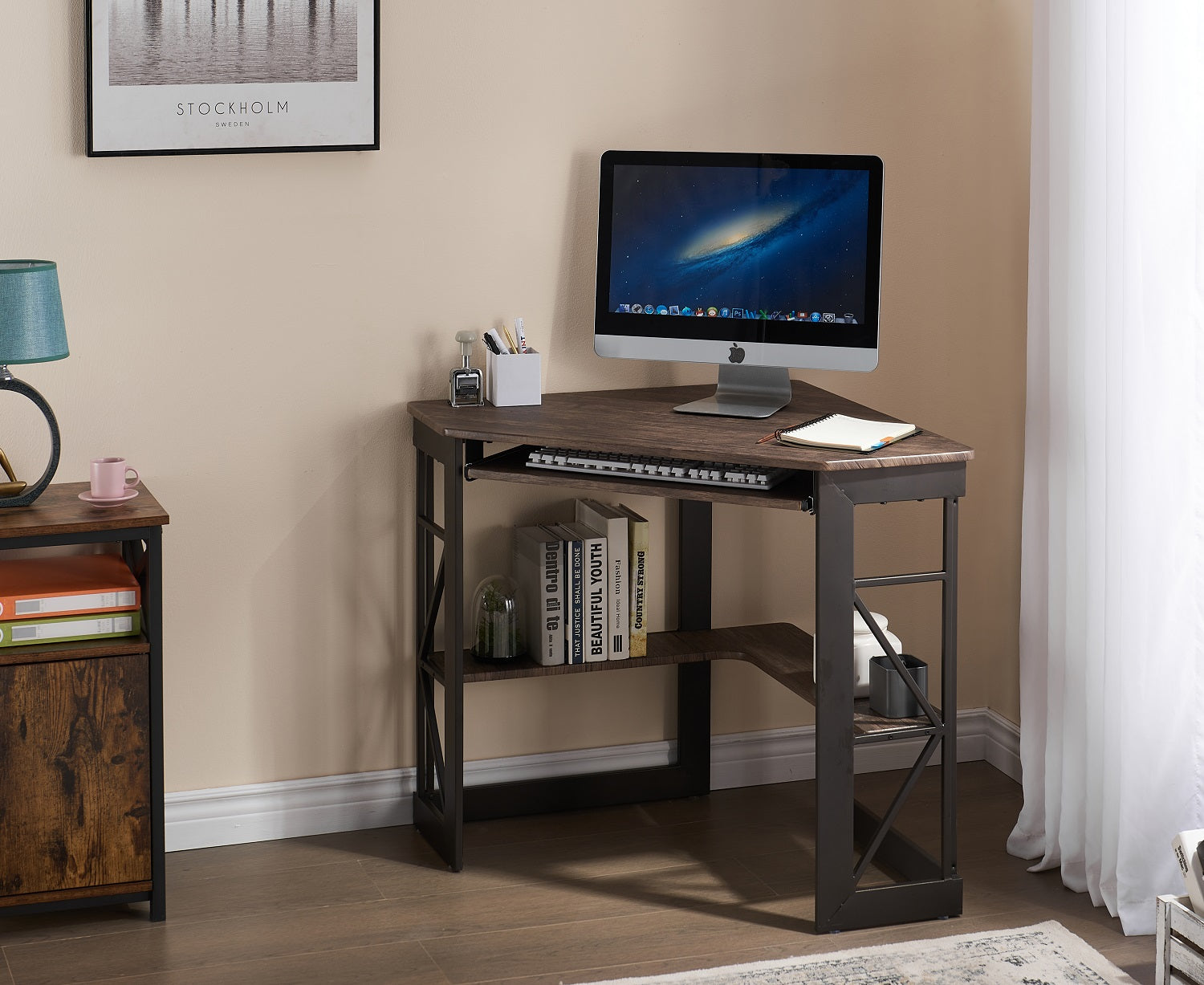 VECELO Corner Computer/Home Office Desk with Smooth Keyboard Tray & Storage Shelves