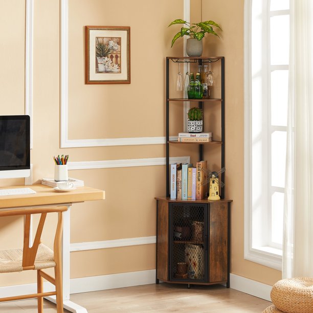 VECELO 5-Tier Corner Shelf/Corner Bookshelf with Storage Cabinet for L