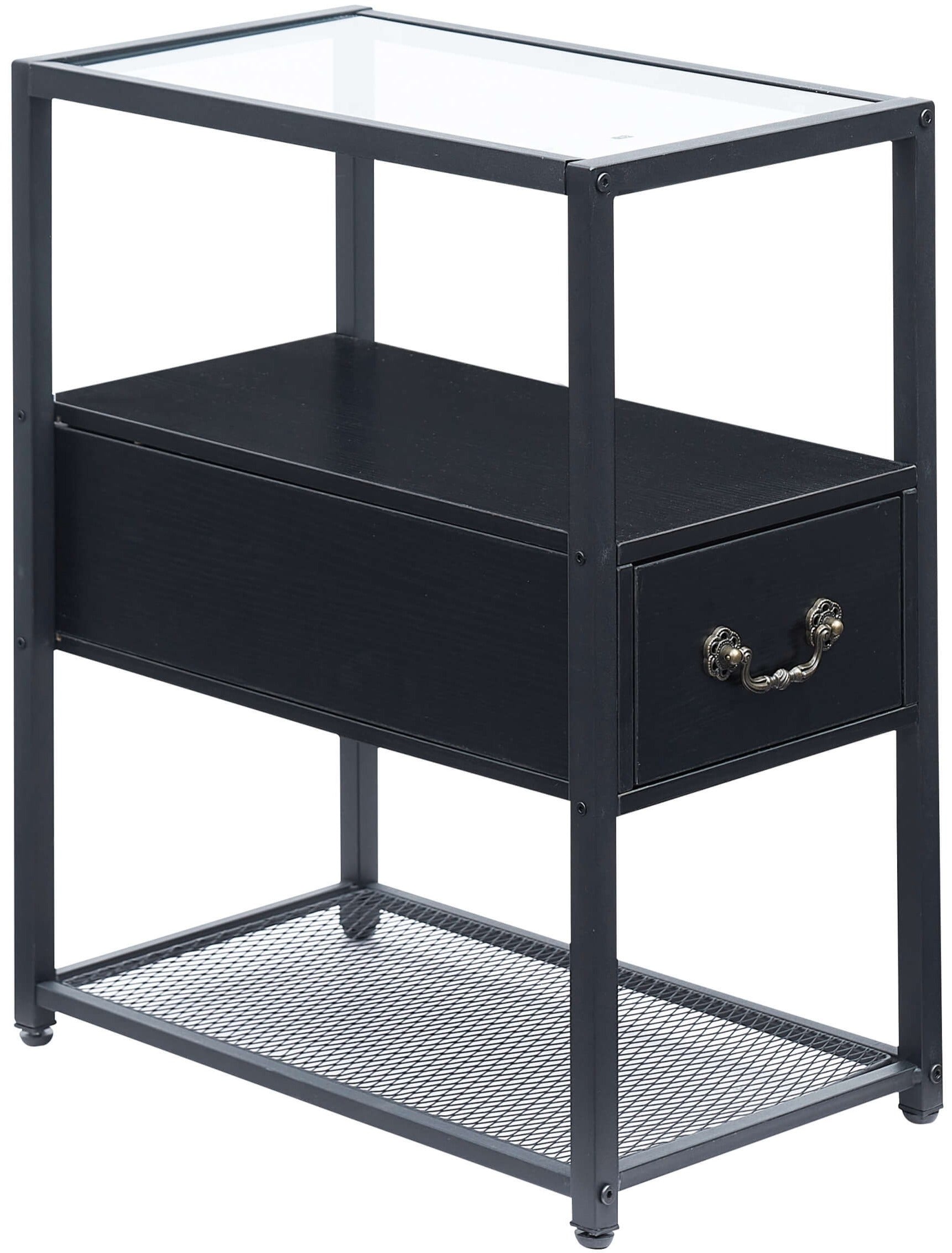 VECELO Narrow End Side Table/Nightstand with Drawer & Open Storage Shelf & Tempered Glass Top