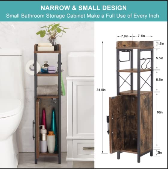 VECELO Small Bathroom Cabinet, Slim Toilet Paper Holder with Door & 2 Shelves