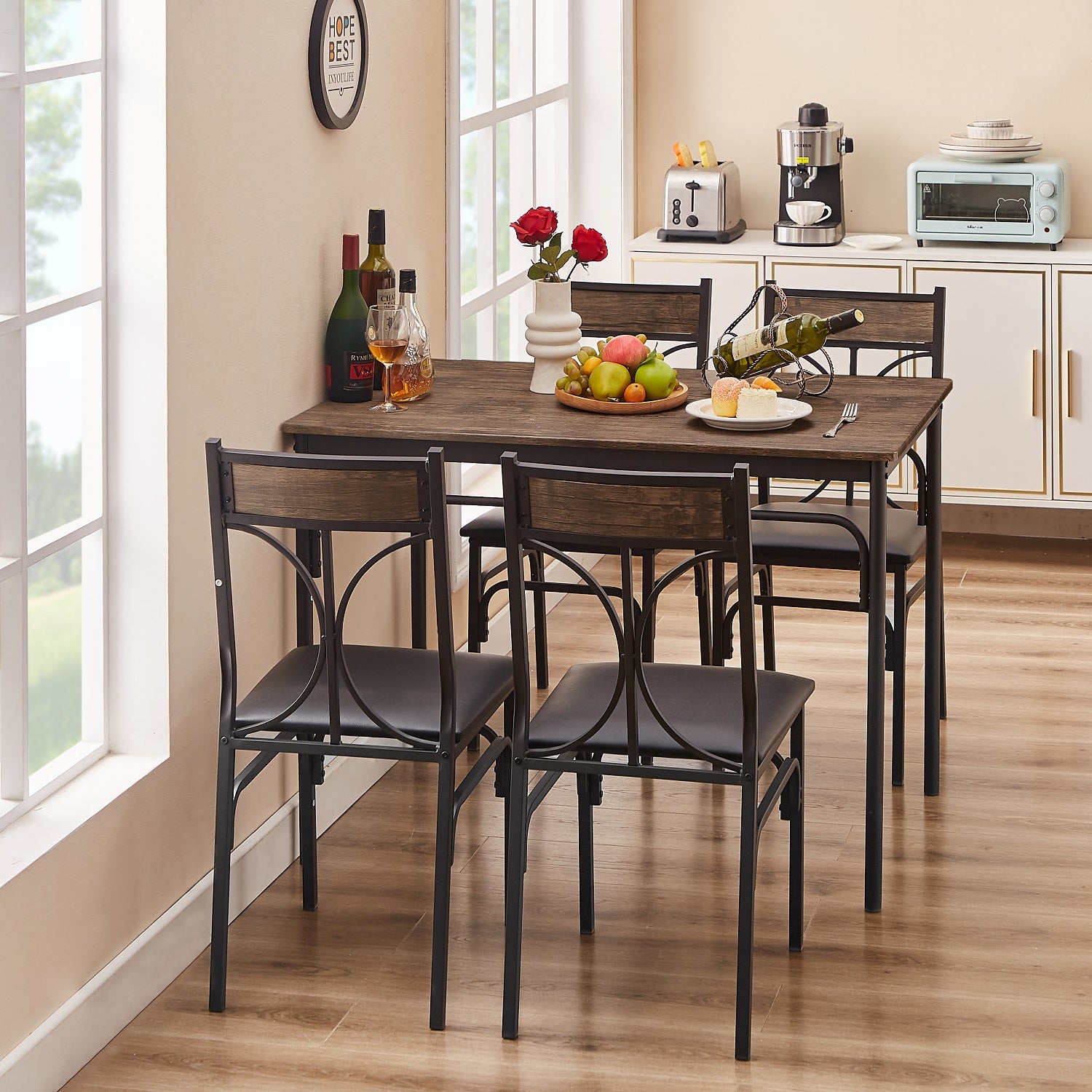 VECELO Industrial Style 5-Piece Modern Rectangular Dining Table Set with 4 Chairs for Dining Room/Kitchen