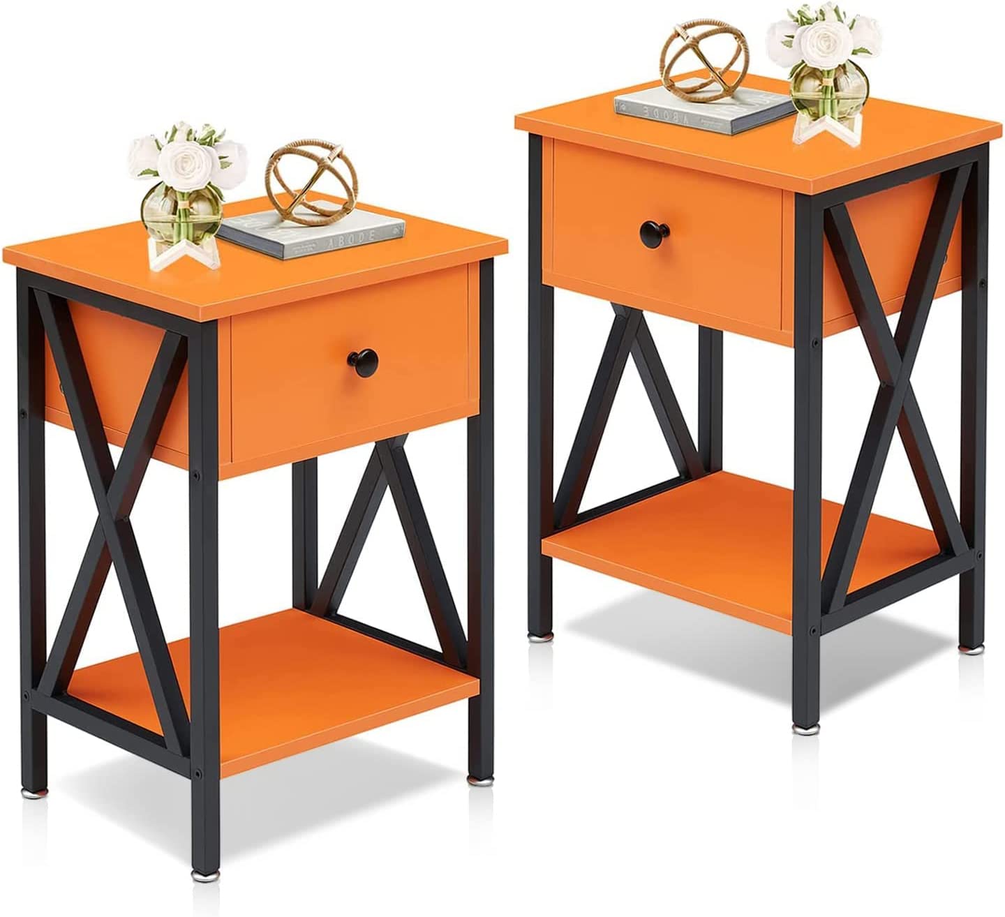 VECELO Night Stands Bedside End Table X-Design with Drawer&Storage Shelf for Living Room Bedroom, Nightstand with Drawer