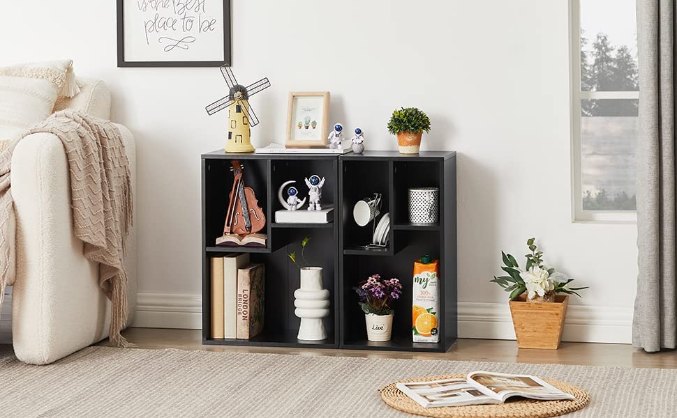 VECELO 3-Cube Open Bookcase, Small Bookshelf with Height Difference Shelves 2-Tier Storage Organizer for Home Office, Living Room