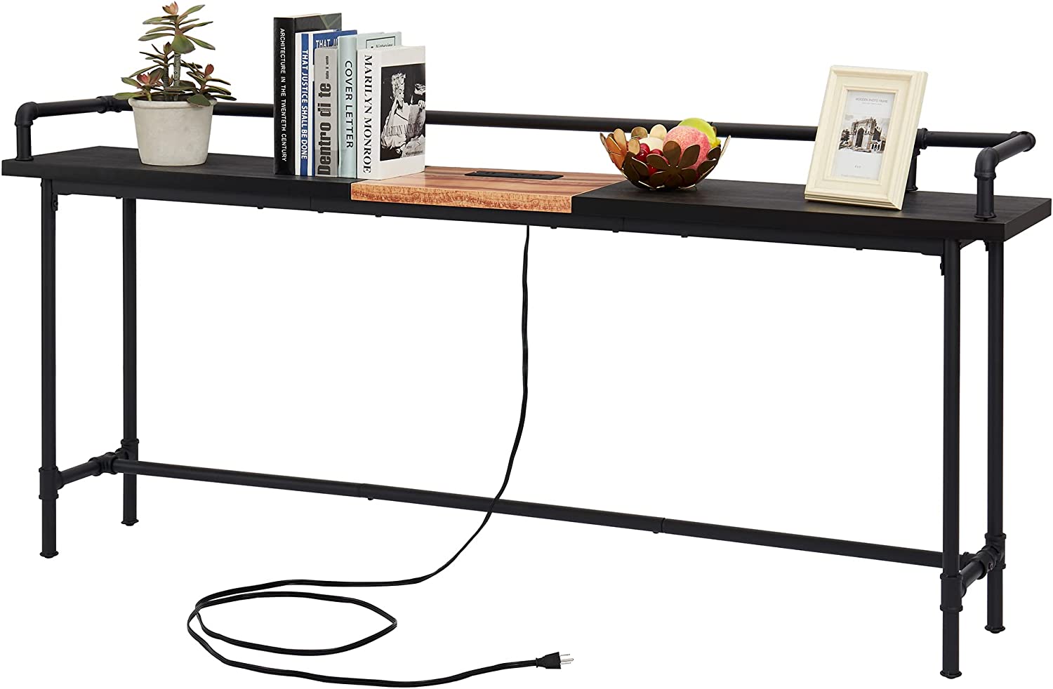 VECELO Extra Long Console/Sofa Table with Charging Station&Power Outlet, Narrow Industrial Behind Couch for Entryway,Hallway,Living Room