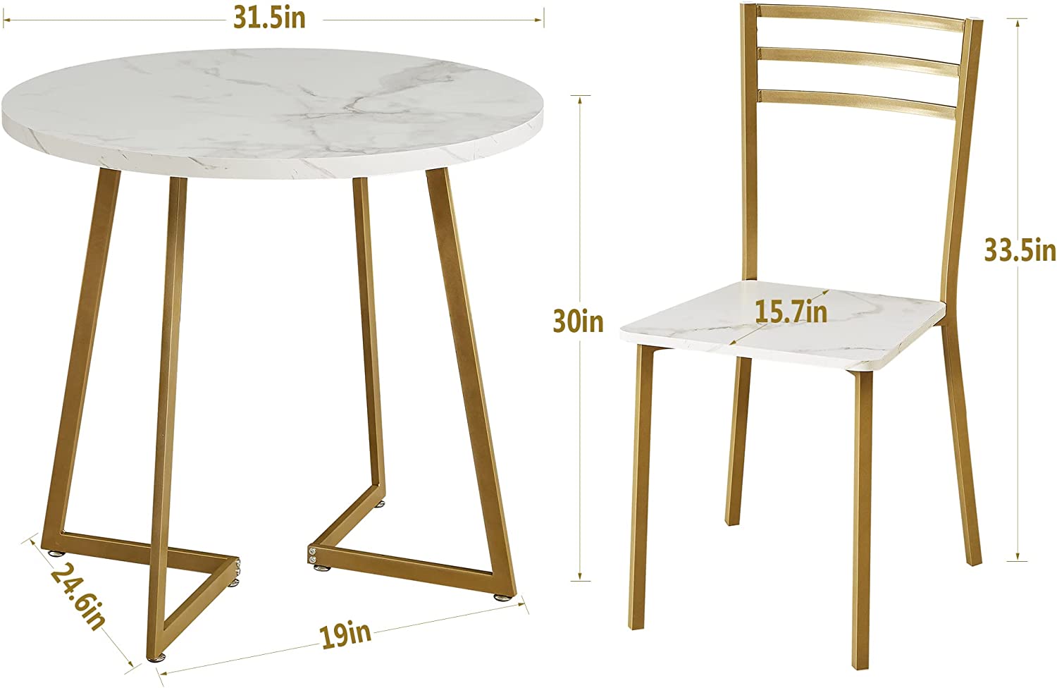 VECELO 3 Piece Kitchen Dining Room Set, Marbling Tabletop with Gold Steel Frame Round Table