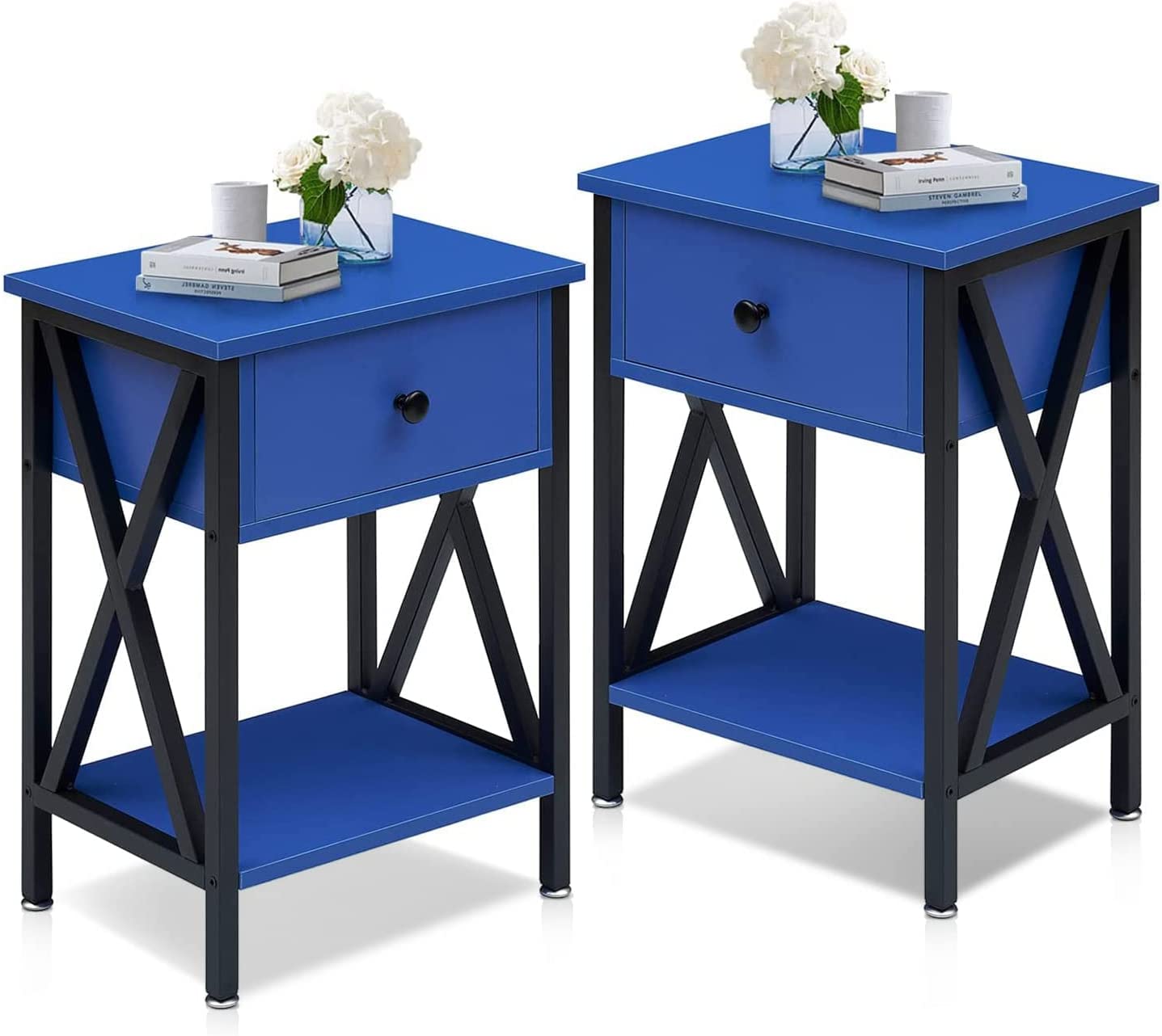 VECELO Night Stands Bedside End Table X-Design with Drawer&Storage Shelf for Living Room Bedroom, Nightstand with Drawer