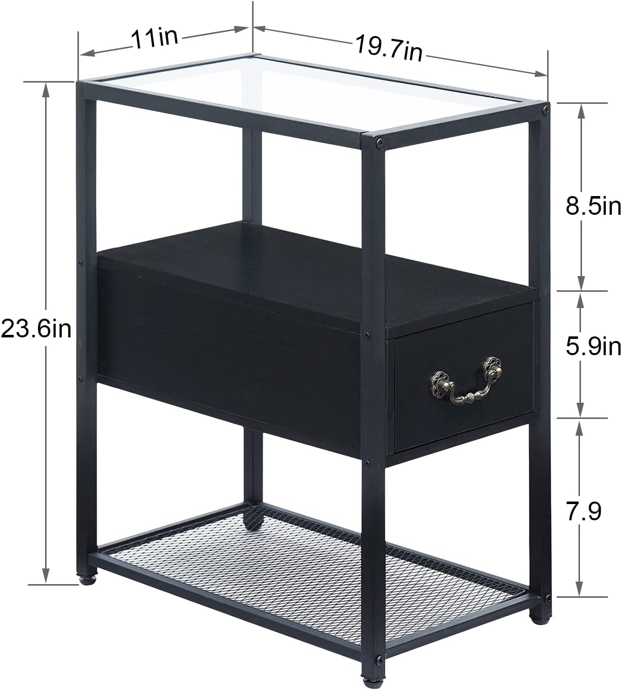 VECELO Narrow End Side Table Tall Nightstand with Drawer Shelf and Tempered Glass