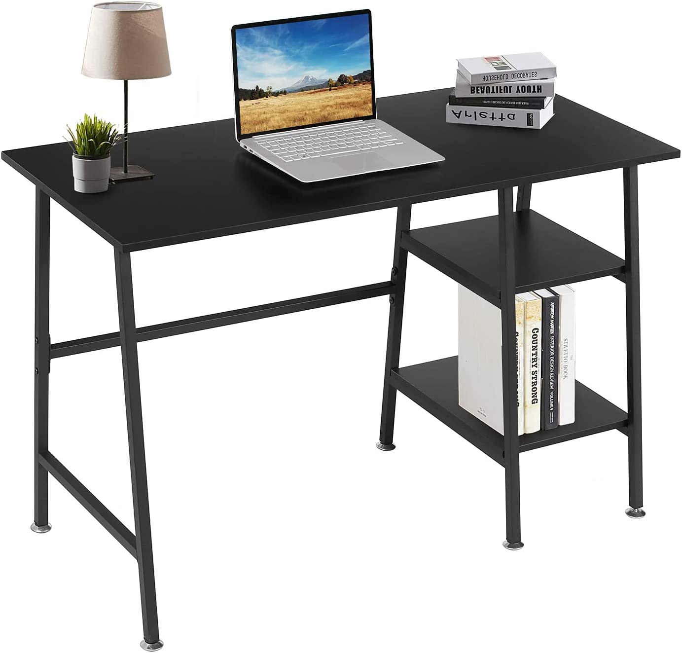 VECELO Computer Desk Study Writing Wooden Table with 2 Tier Storage Shelves on Left or Right for Home Office