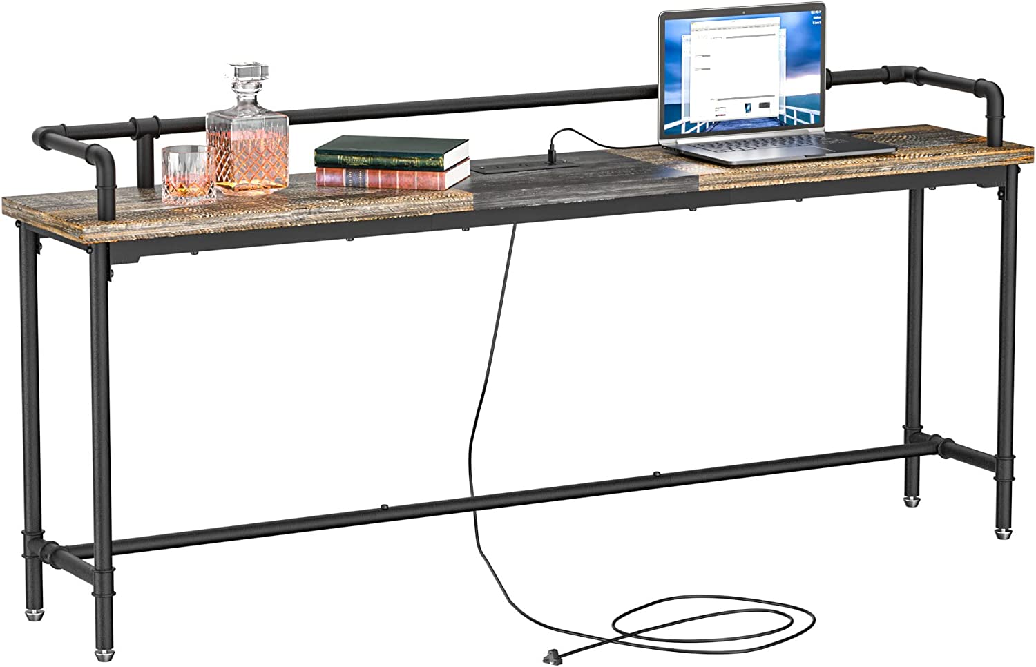 VECELO Extra Long Console/Sofa Table with Charging Station&Power Outlet, Narrow Industrial Behind Couch for Entryway,Hallway,Living Room