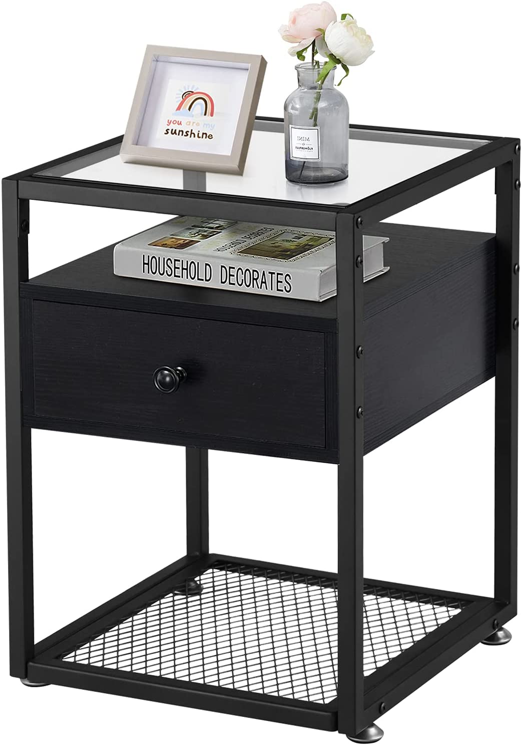 VECELO Tempered Glass Top Nightstand/End Table with Flip Drawer/Open Storage/Stable Steel Frame for Living Room, Bedroom
