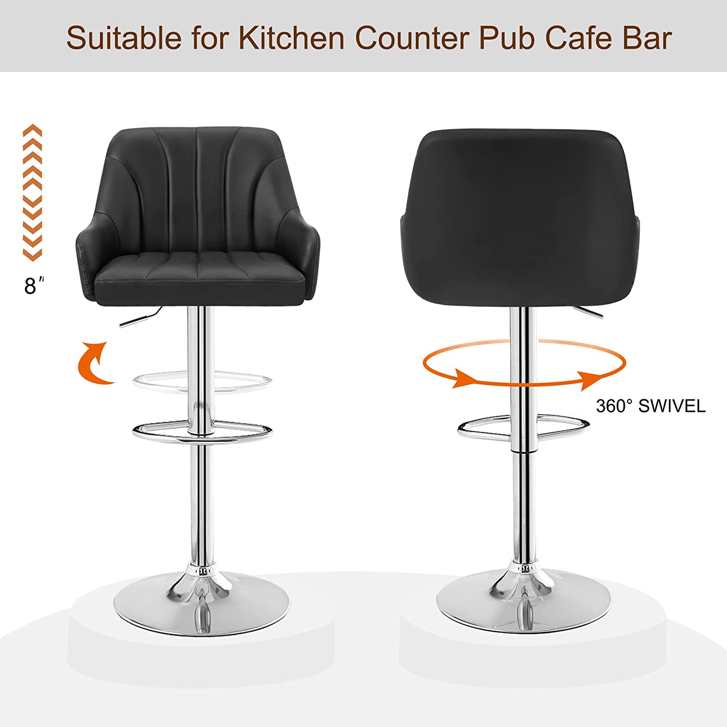 VECELO Adjustable Counter Height  Bar Stools with Back and Arm Stools Set of 2, Kitchen Island Stools with Swivel PU Chairs for Pub, Dining Room