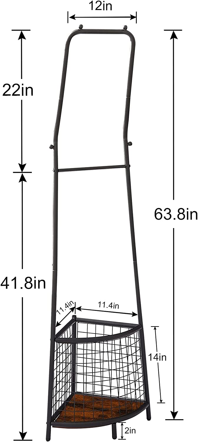 VECELO Freestanding Coat Rack with Metal Basket, Hall Trees with Steel Frame, Space Saving Cloth Hanger