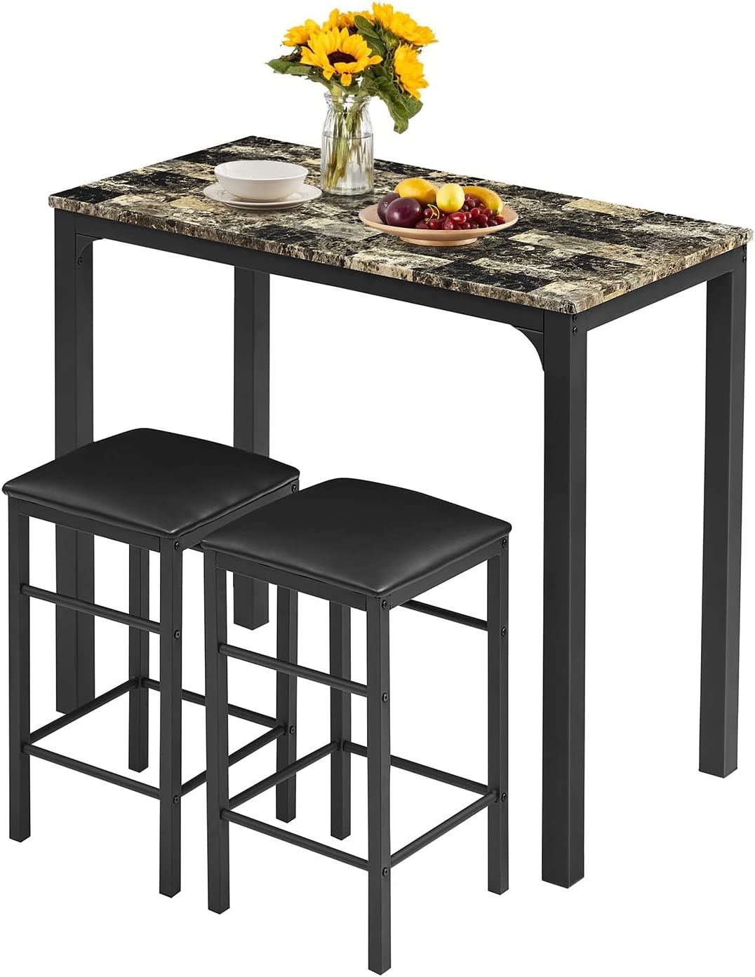 VECELO 3 Piece Metal Dinette Set with Laminated Faux Marble Top for Dining Room/Kitchen