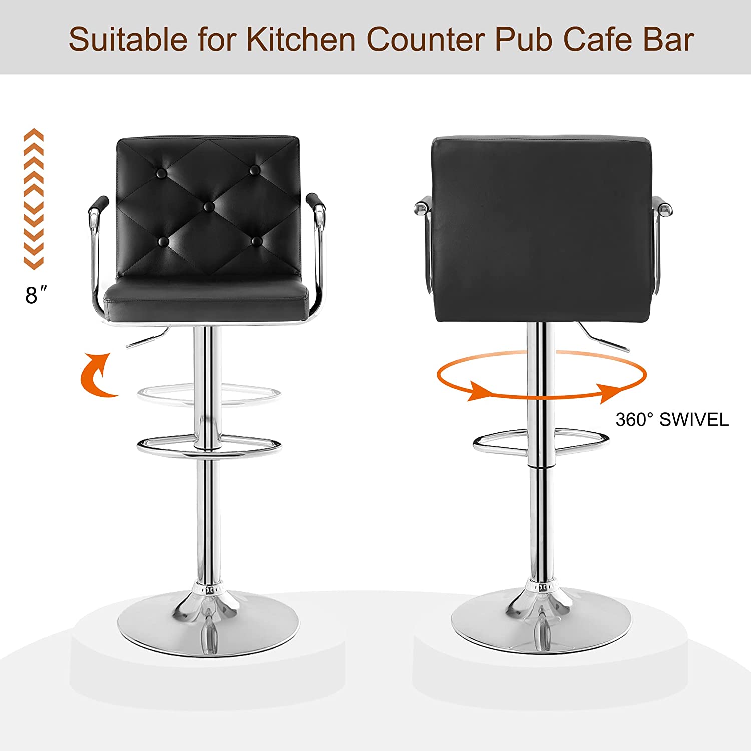 VECELO Adjustable Bar Stools Set of 2, Counter Height Barstool with Back and Arms, Swivel PU Leather Bar Chairs for Kitchen/Island