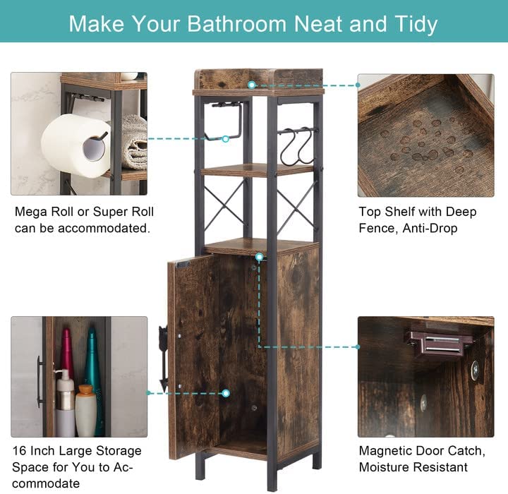 VECELO Small Bathroom Cabinet, Slim Toilet Paper Holder with Door & 2 Shelves