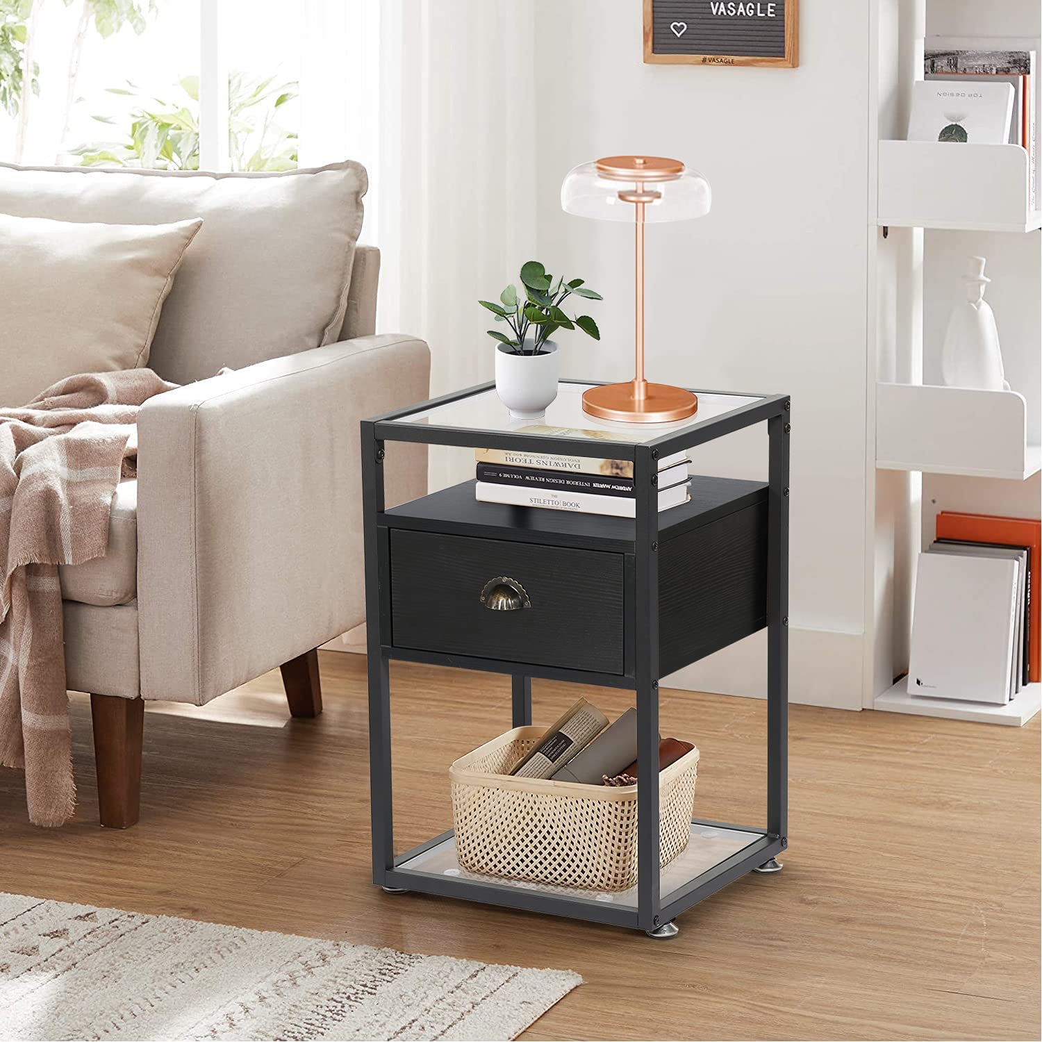 VECELO Glass Top End Table Modern Nightstand with Drawer & Rustic Shelf