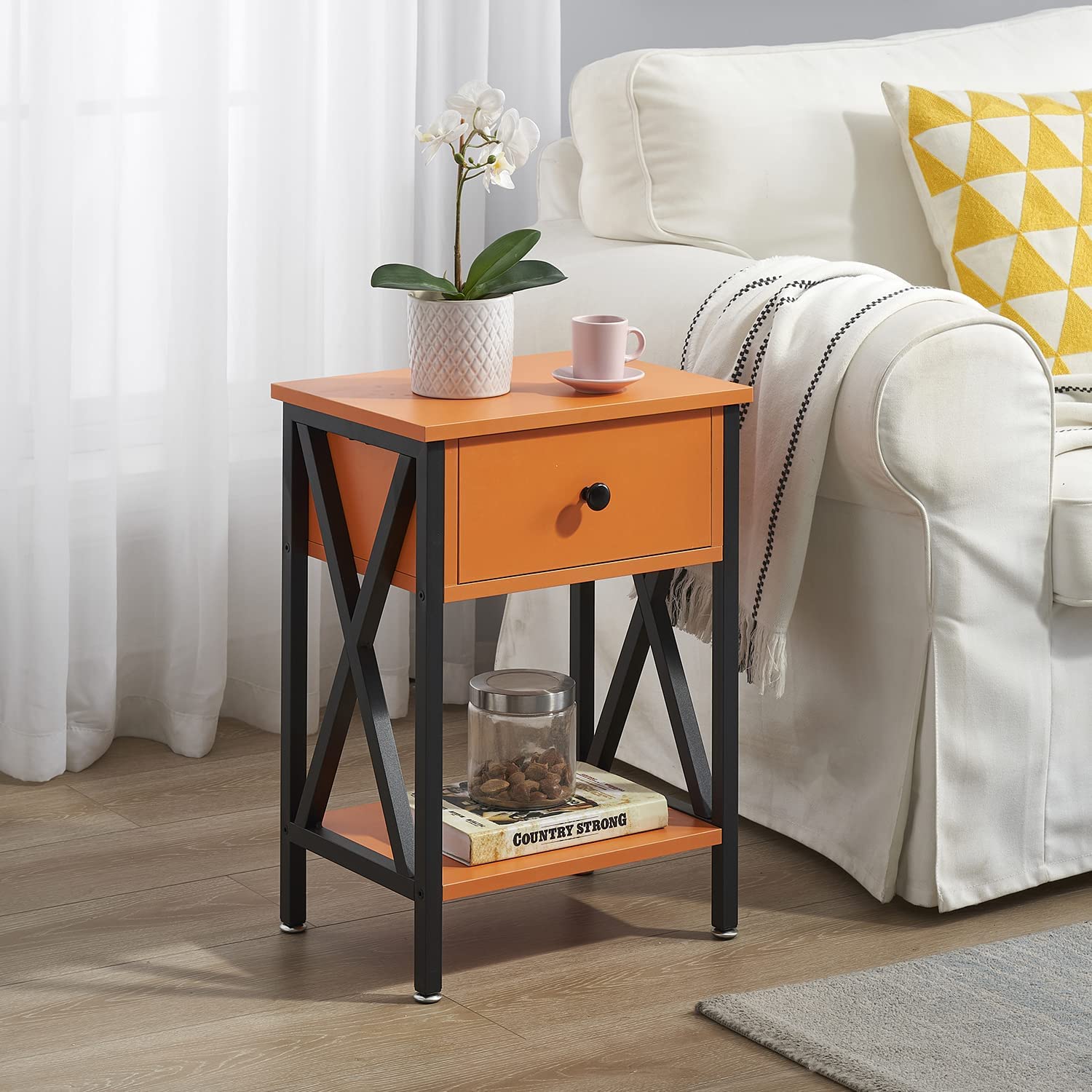 VECELO Night Stands Bedside End Table X-Design with Drawer&Storage Shelf for Living Room Bedroom, Nightstand with Drawer