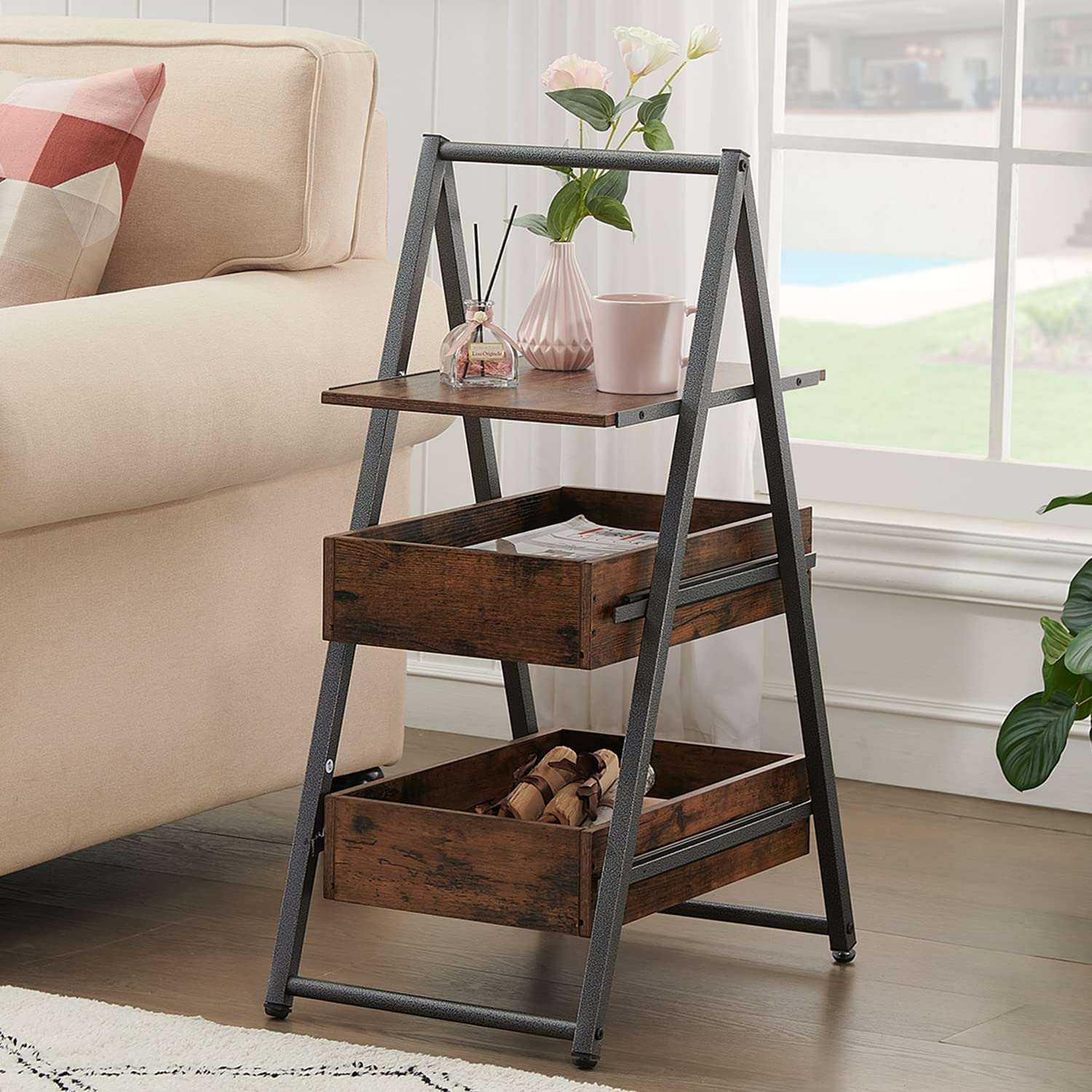 VECELO 3-Tier Industrial Versatile End Side Table with Large Storage
