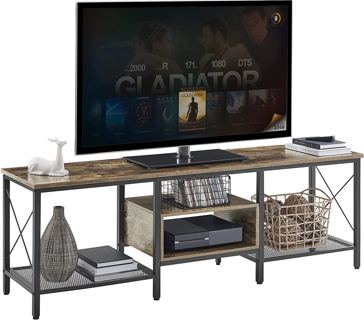 VECELO Industrial TV Stand Television Cabinet 3-Tier Console with Open Storage Shelves, Entertainment Center with Metal Frame for Living Room