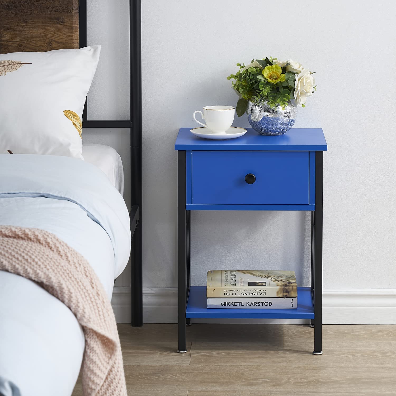 VECELO Night Stands Bedside End Table X-Design with Drawer&Storage Shelf for Living Room Bedroom, Nightstand with Drawer