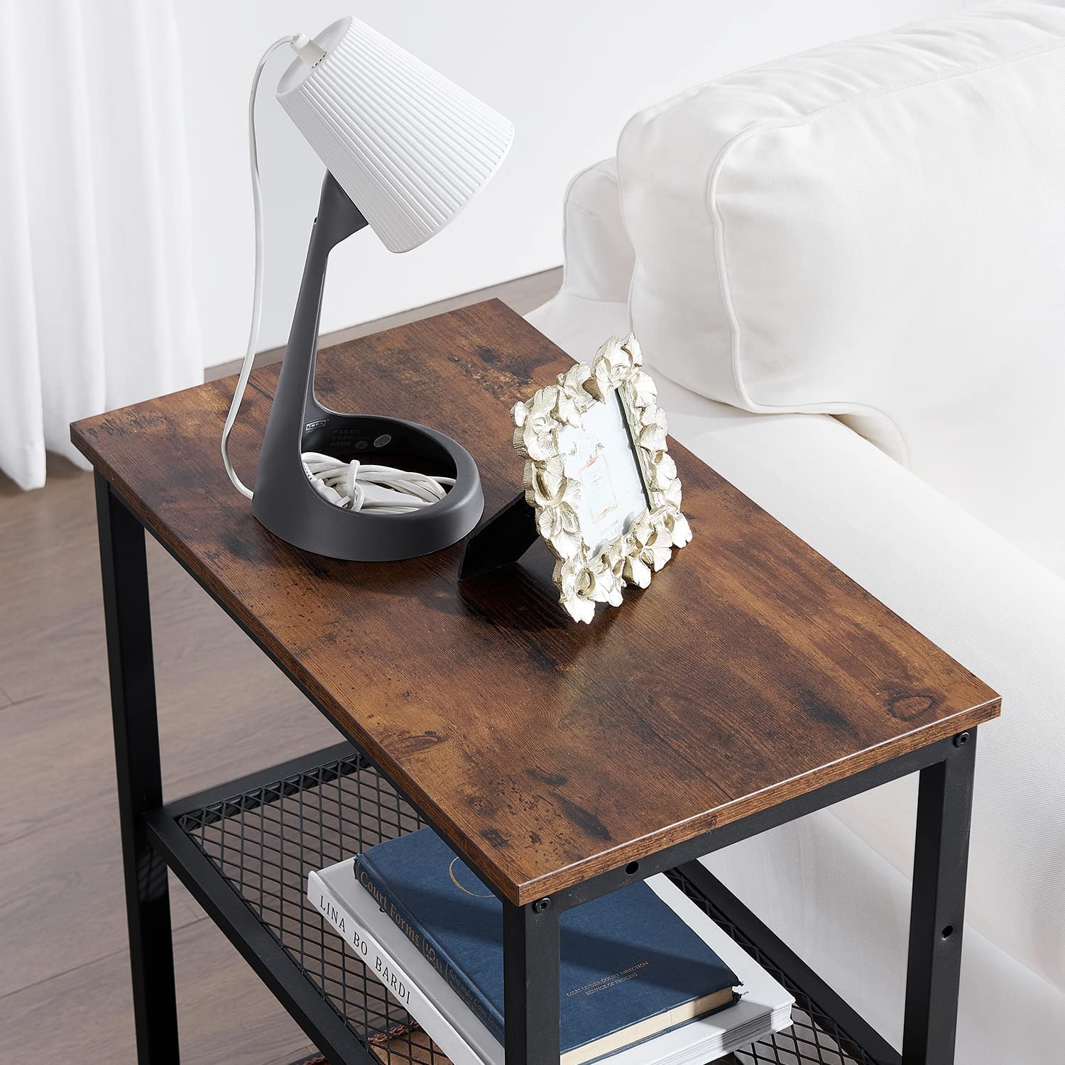  End Side Table 3-Layer Narrow Night Stand with Metal Frame