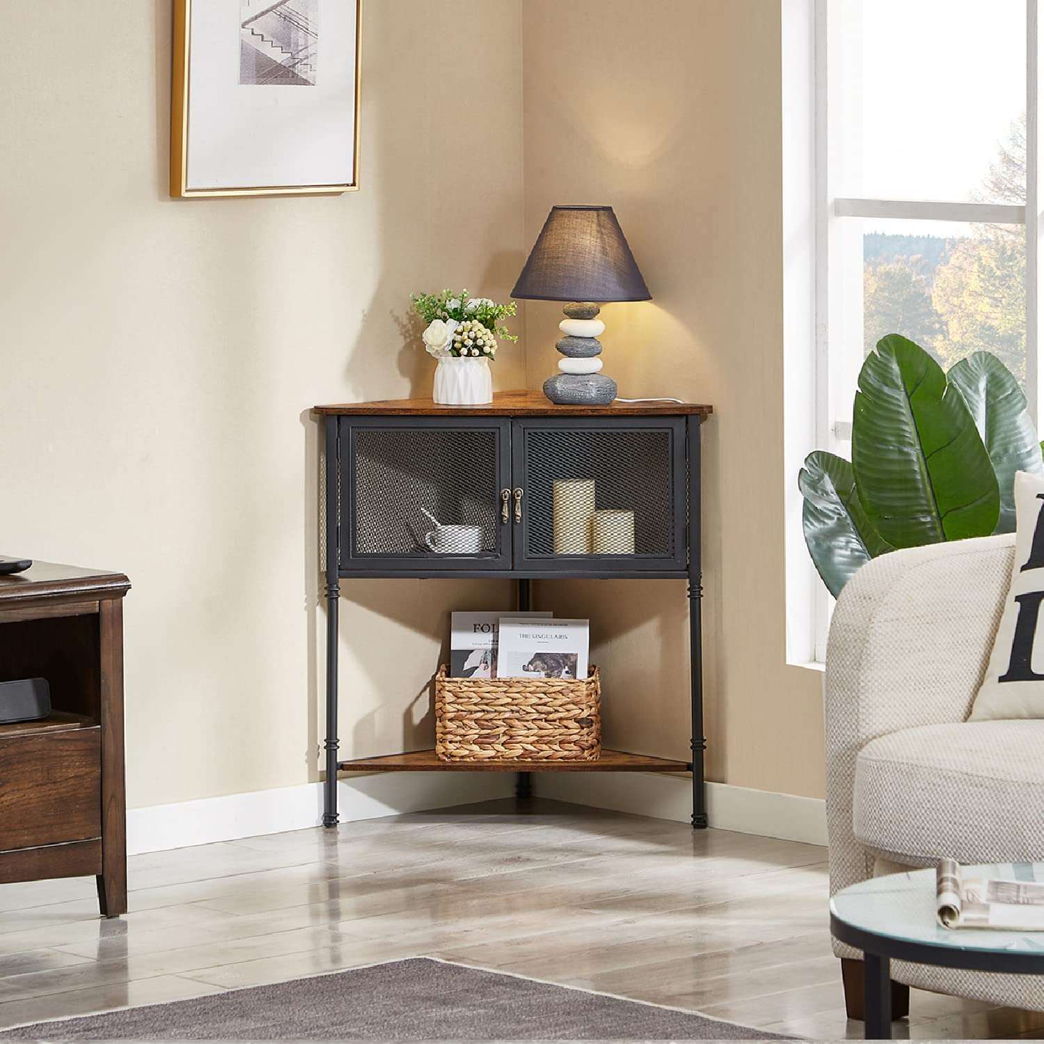 3-Tier Corner Shelf with Storage Cabinet