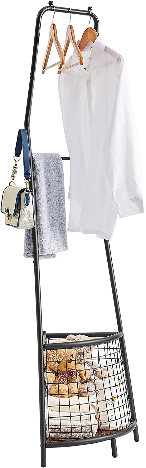 VECELO Freestanding Coat Rack with Metal Basket, Hall Trees with Steel Frame, Space Saving Cloth Hanger