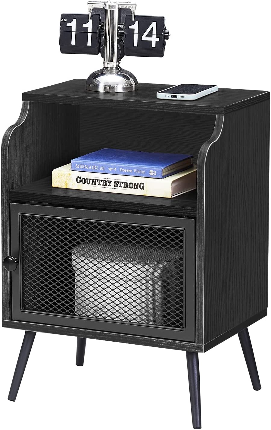 VECELO Nightstand with Storage Cabinet Industrial Bedside End Table with Open Drawer Shelf