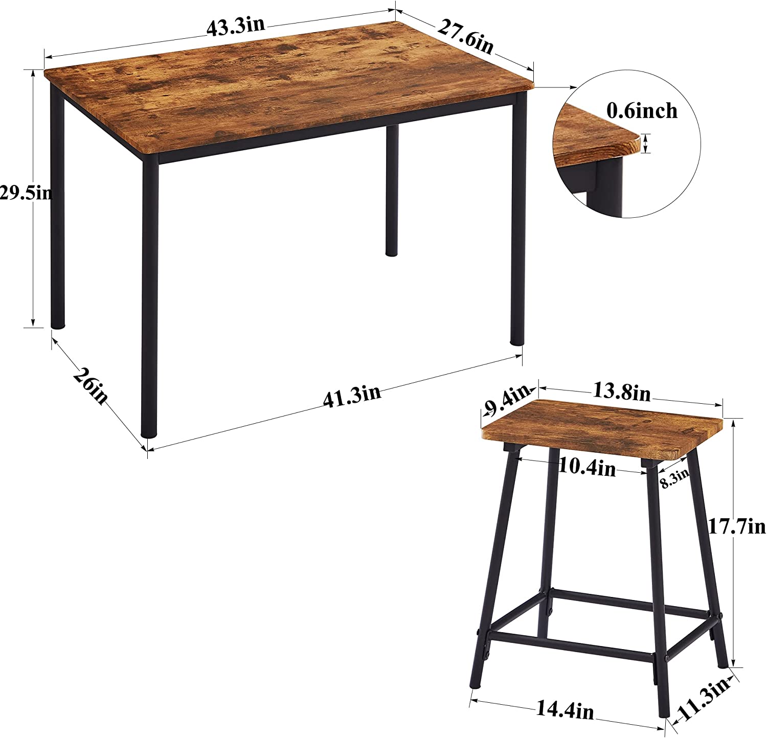 VECELO 5-Piece Dining Table Set Rectangular Bar Dinette Metal and Wood Kitchen Furniture with 4 Stools