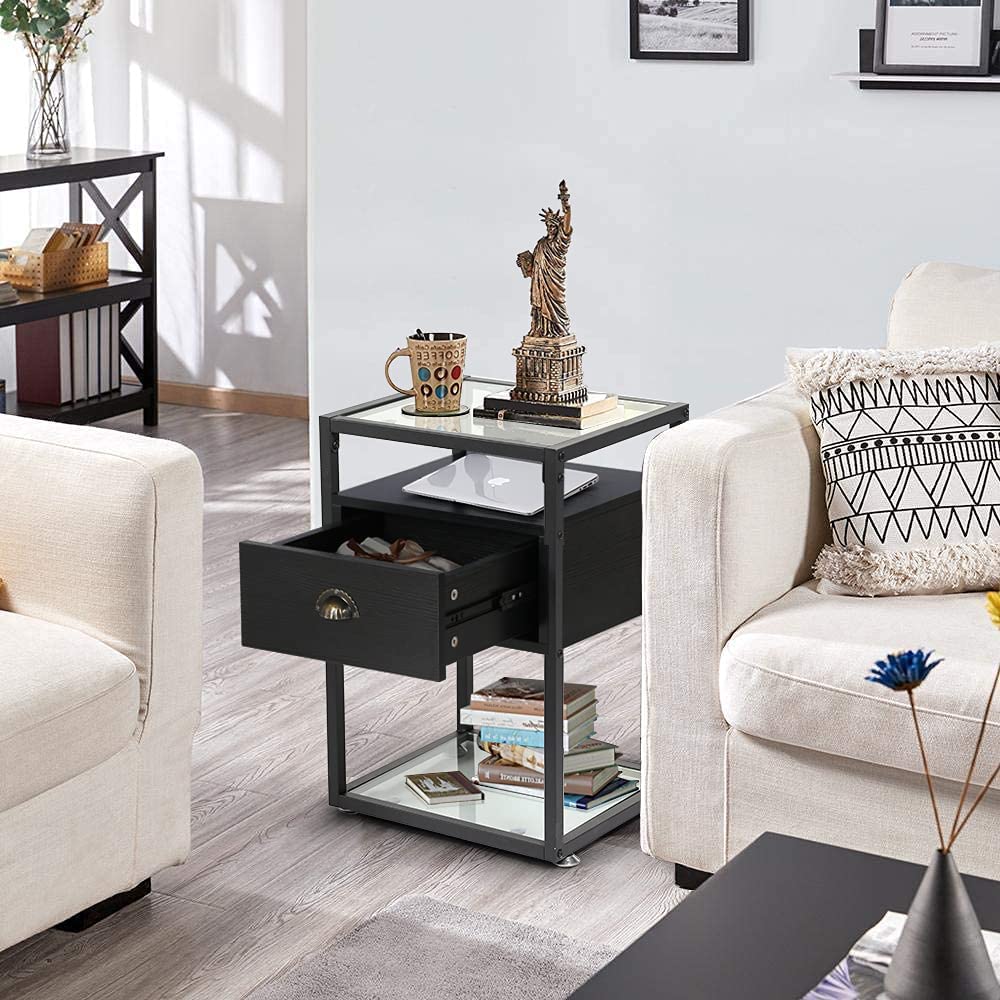 VECELO Glass Top End Table Modern Nightstand with Drawer & Rustic Shelf