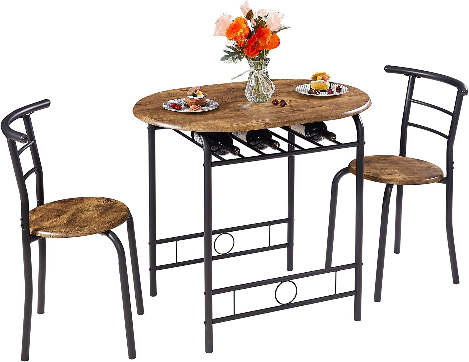 VECELO 3 Piece Small Round Dining Table Set for Kitchen Breakfast Nook, Wood Grain Tabletop with Wine Storage Rack