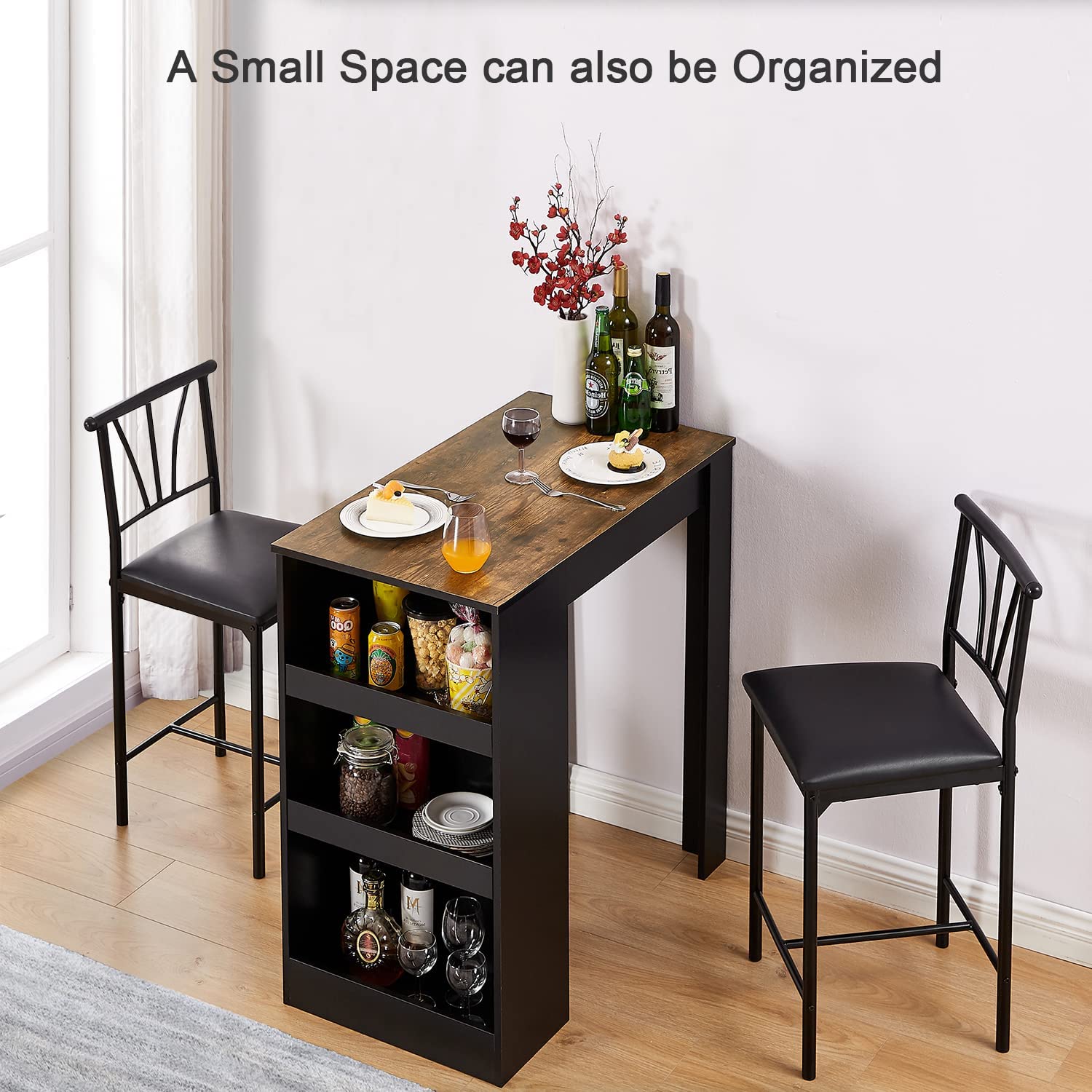 VECELO Small Bar Table and Chairs Tall Kitchen Breakfast Nook with Sto