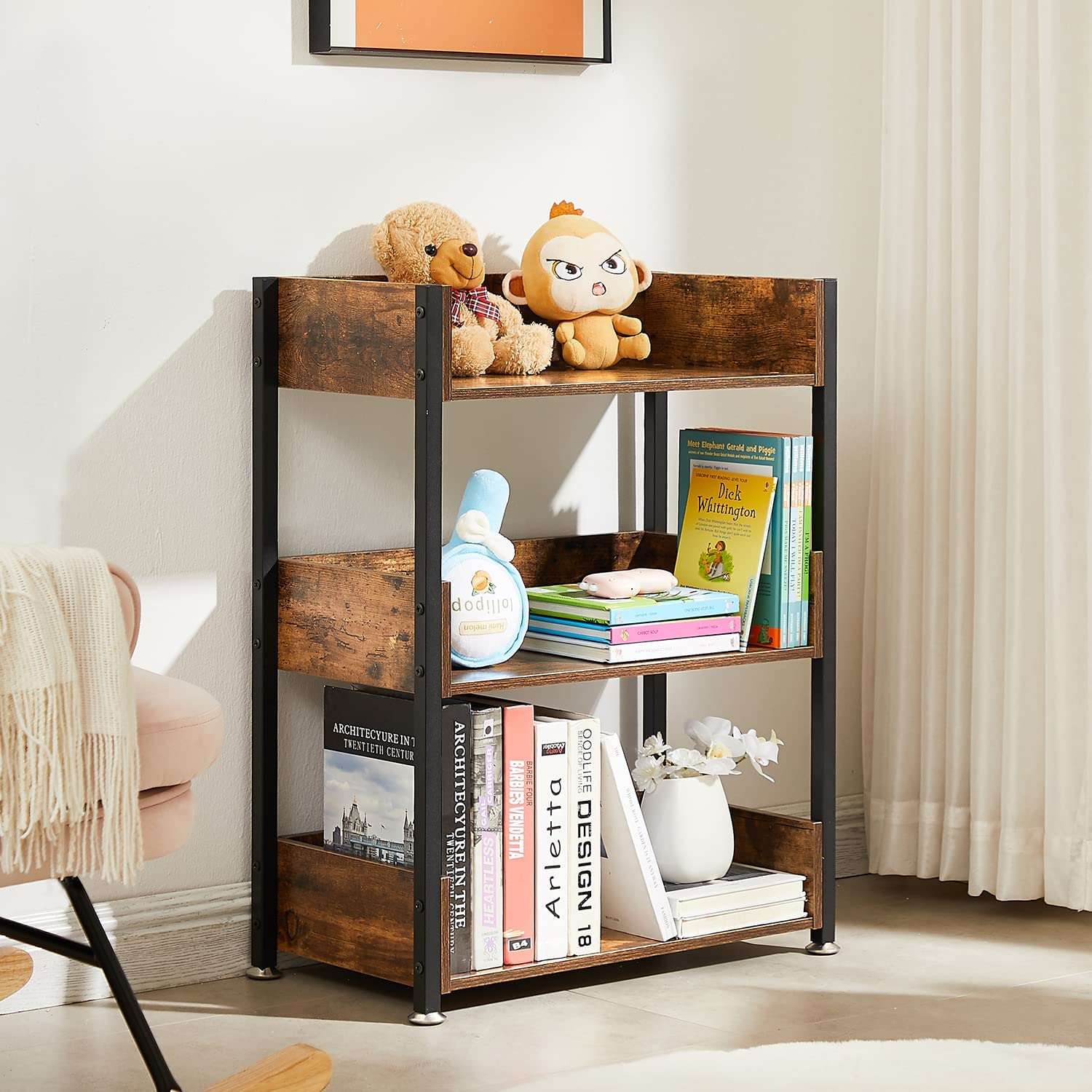 VECELO 3-Tier Bookcase,Small Storage Shelves,Industrial Shelving Unit - VECELO