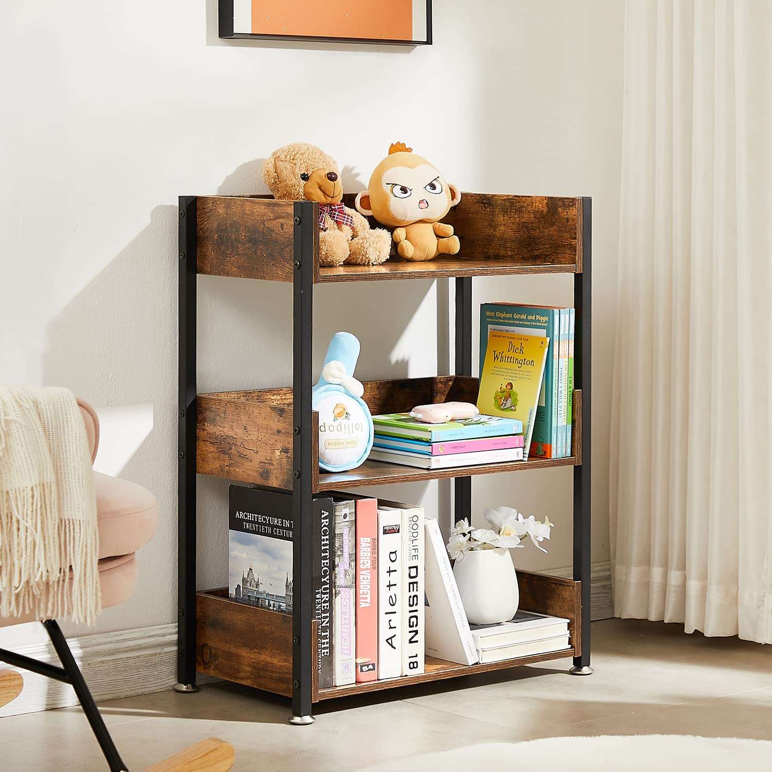 VECELO 3-Tier Bookcase,Small Storage Shelves,Industrial Shelving