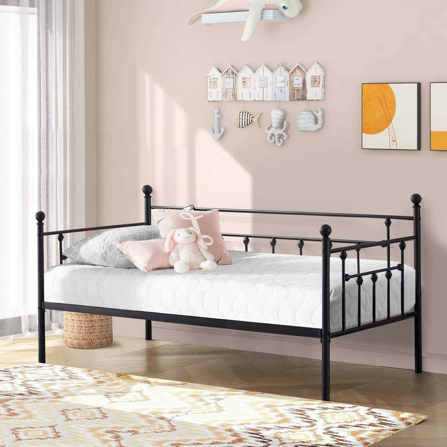 VECELO Daybed Frame, Twin Size Metal Platform Bed with Headboard