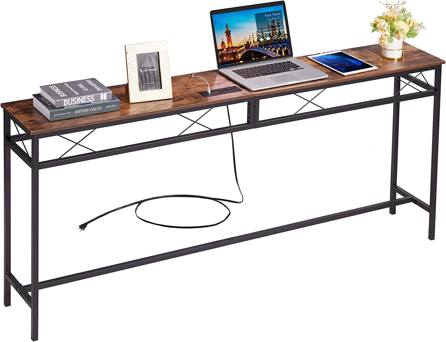 VECELO Extra Long Narrow Sofa/Console Table with Charging Station & Power Outlet and USB Ports, for Entryway