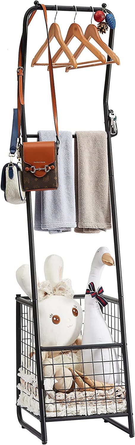 VECELO Metal Coat Rack Stand with Anti-Drop Design, Space Saving Hall Trees with Steel Basket