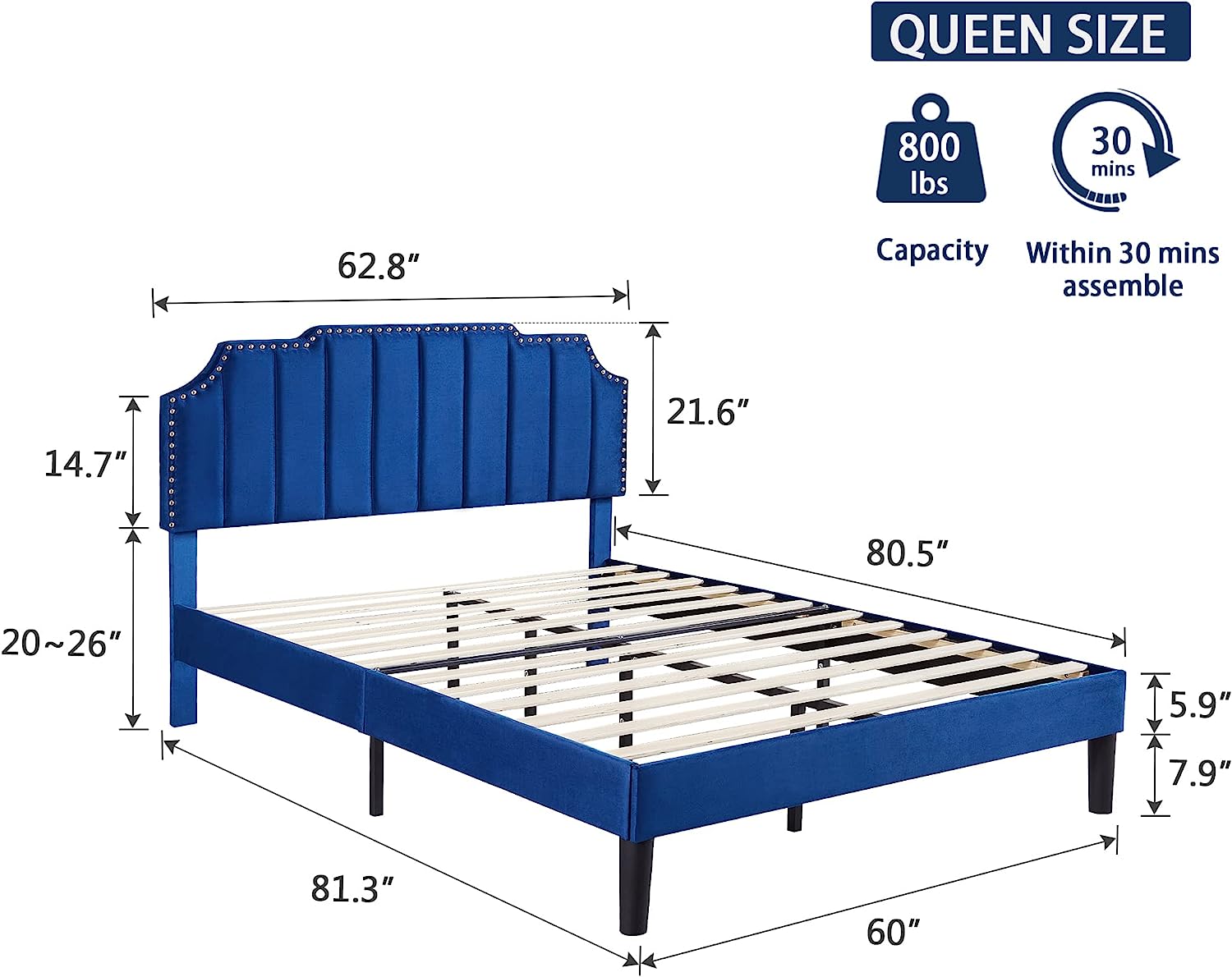 Upholstered Platform Bed Frame with Tufted Adjustable Headboard