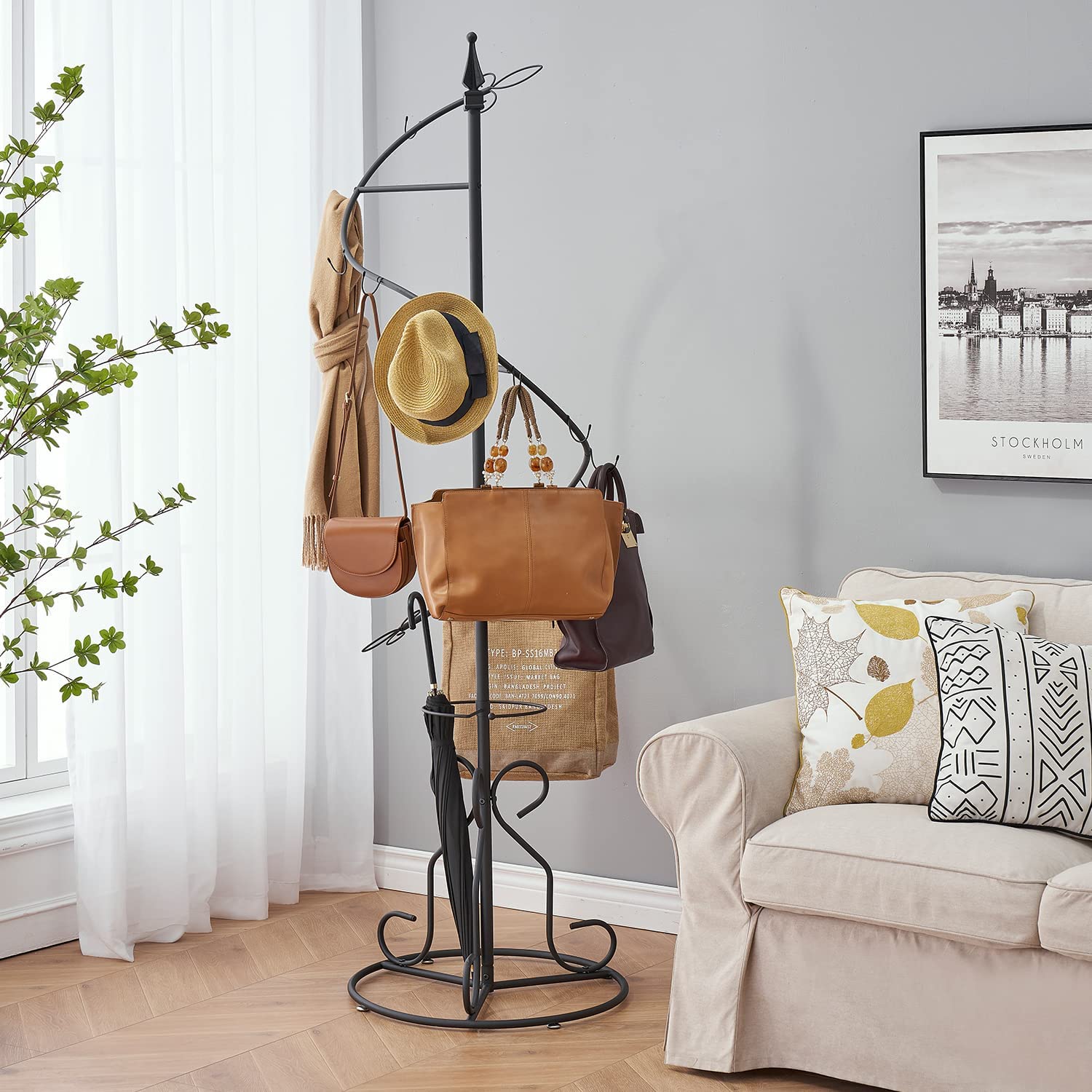 VECELO Metal Spiral Floor Coat Hat Rack, Entryway Hall Trees with Hooks and Umbrella Holder for Bedroom, Living Room